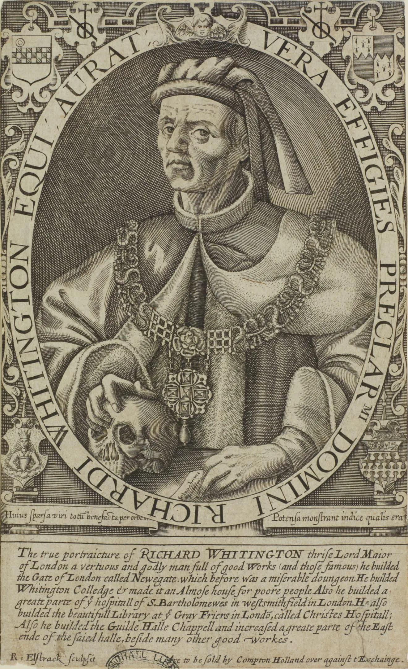Portrait of Richard Whittington with hand resting on a skull.