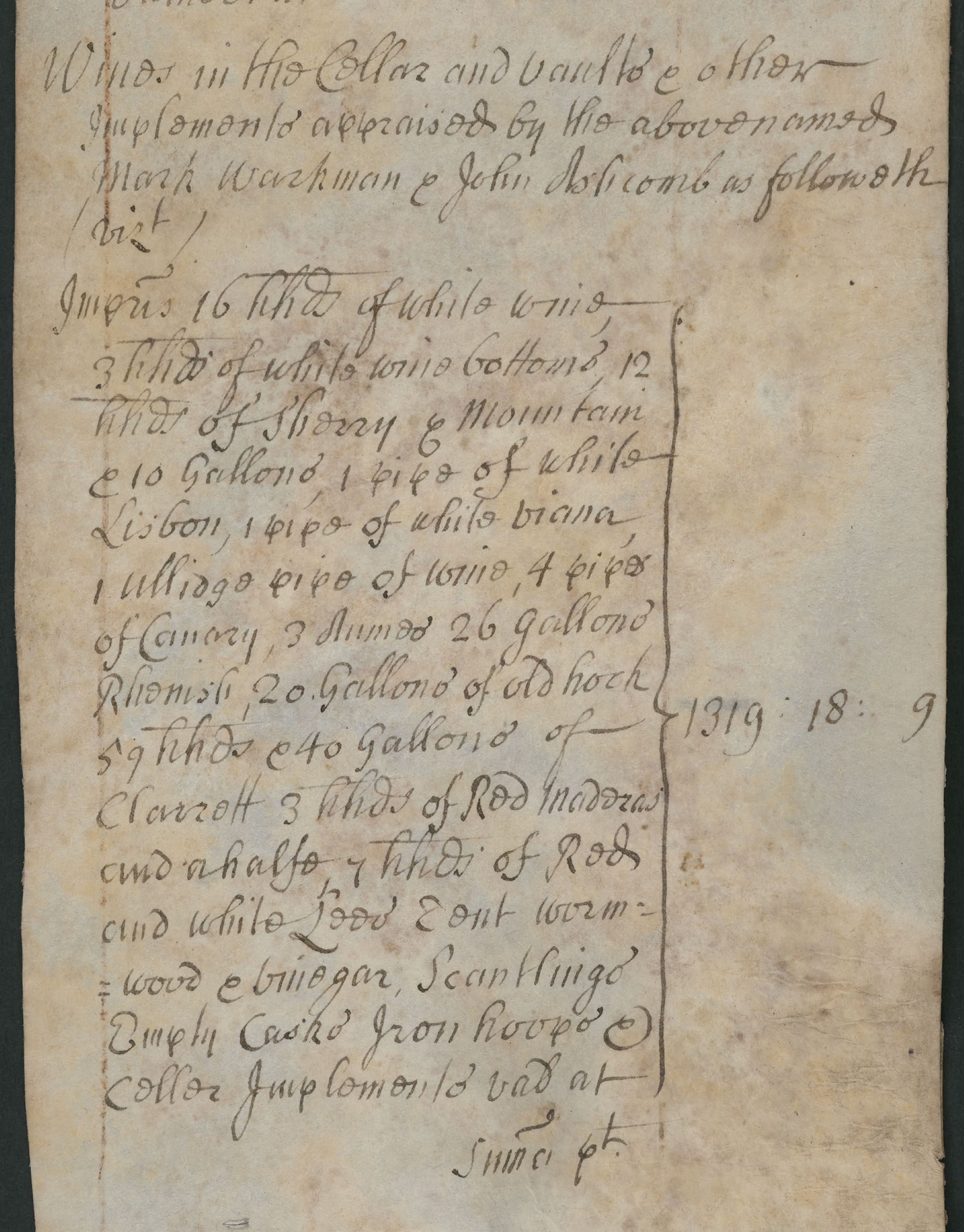 Probate inventory of Henry Kellett from 1711 showing a list of stock for a tavern 