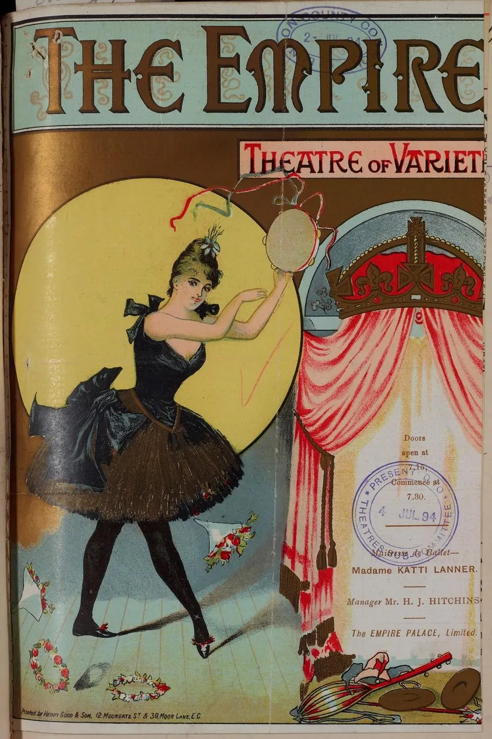 Programme with a woman in a black dress, holding a tambourine, flowers being thrown at her.