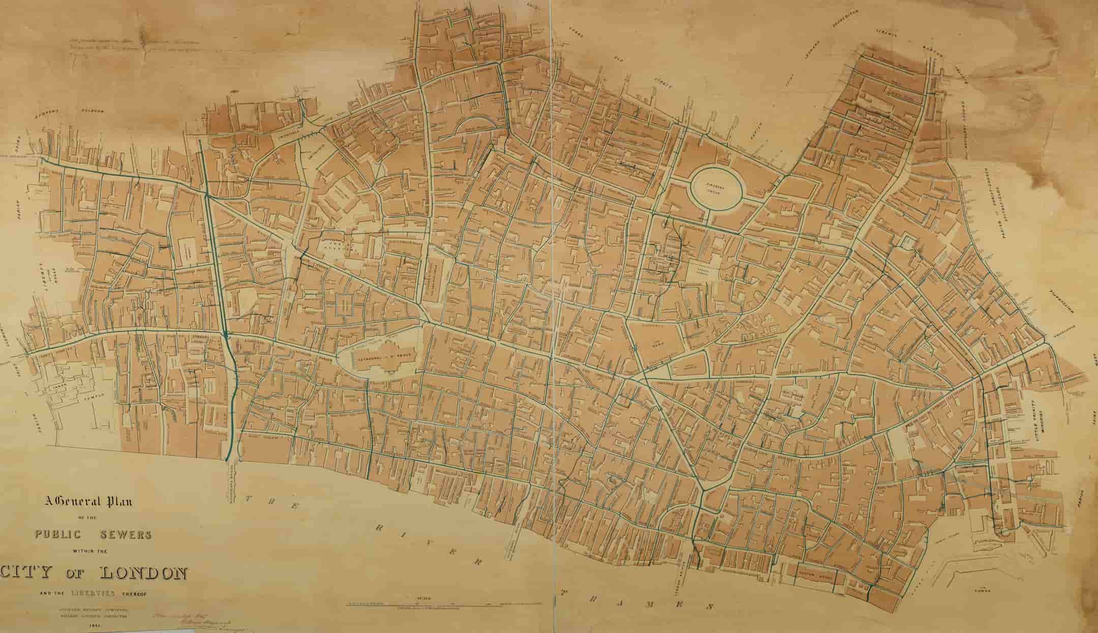 Plan of public sewers. Sewers shown in blue. Blackwall Railway shown. Scale: 25 1/2":1 mile [1:2485]. 