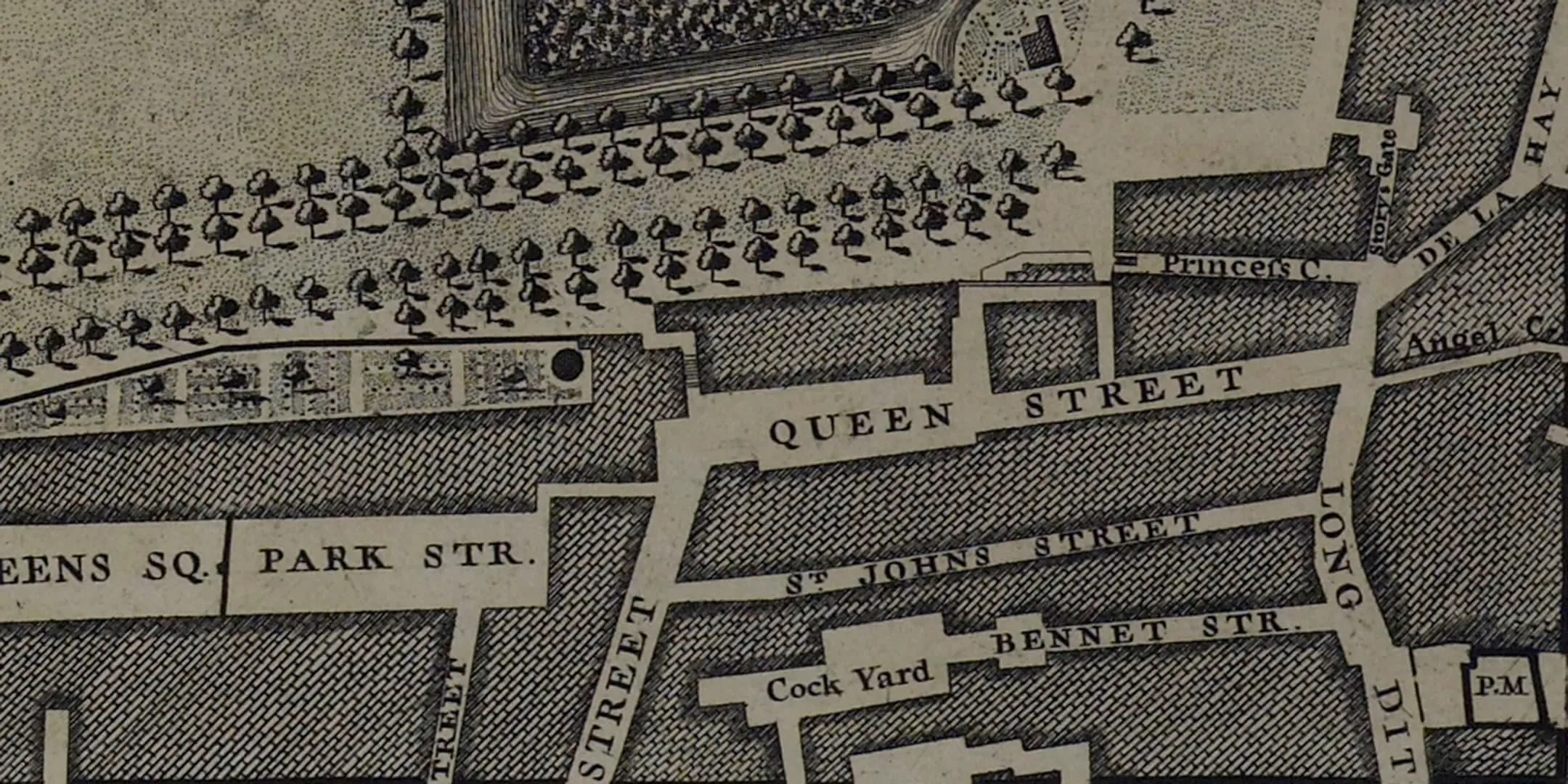 Georgian map of London showing street names and blocks of buildings