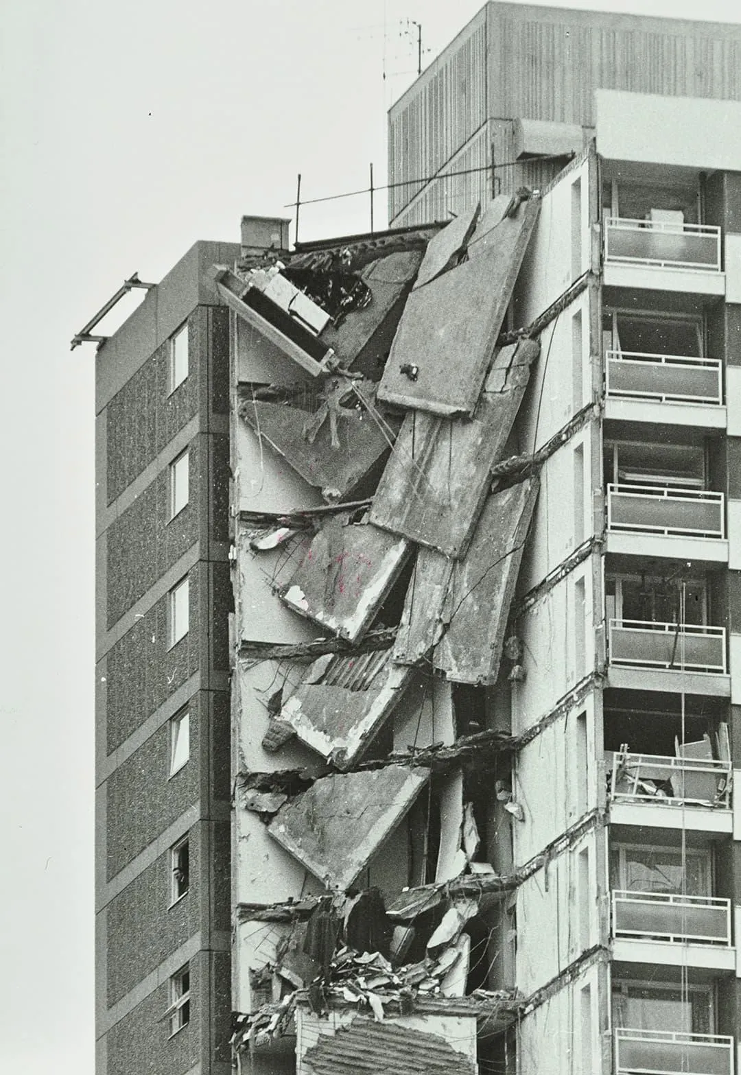 Close up of external damage of tower block after gas explosion