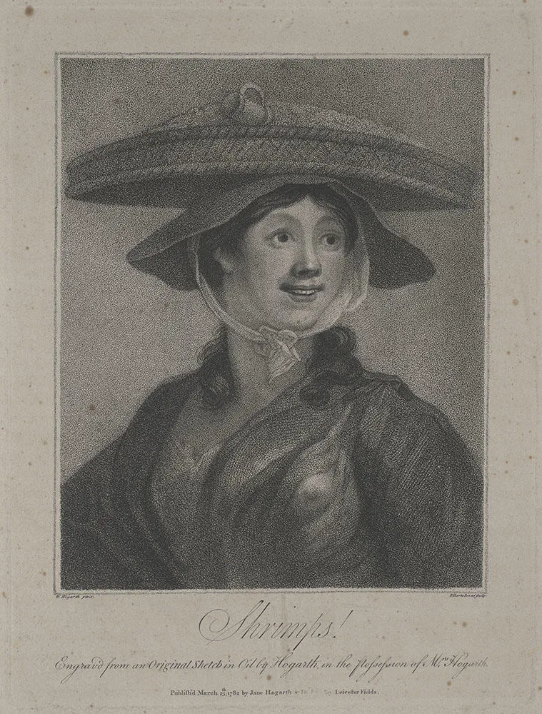 a woman with a flat basket on her head and hat tied around her chin in eighteenth-century dress