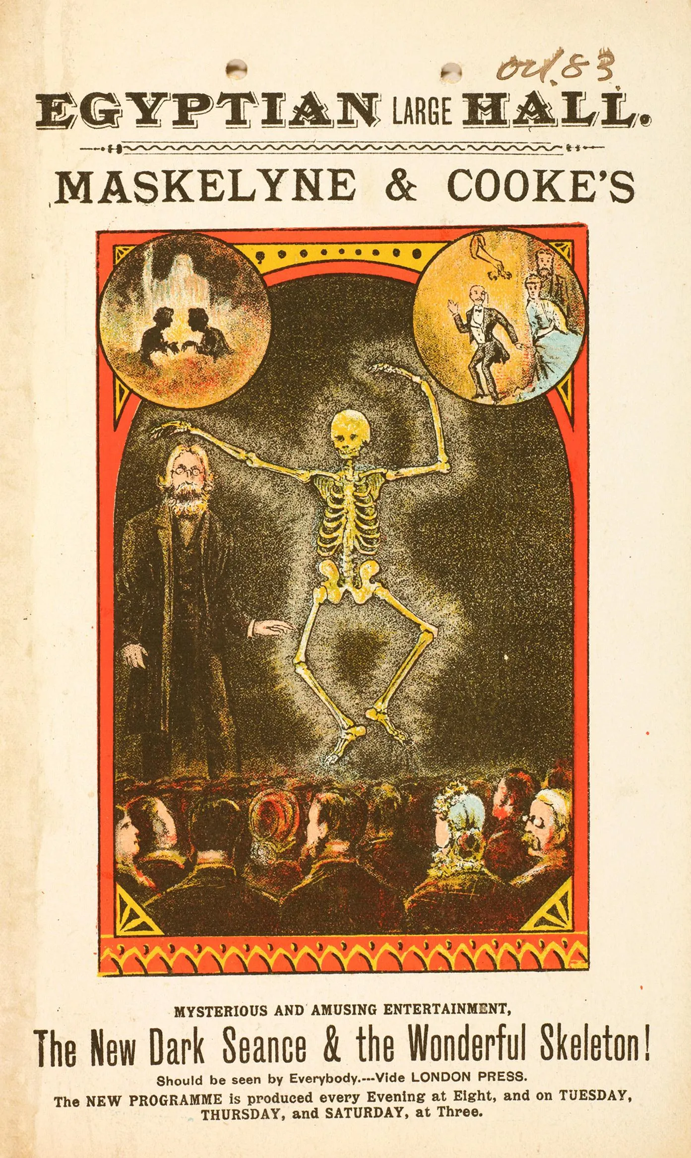 image of skeleton appearing out of the dark to an audience