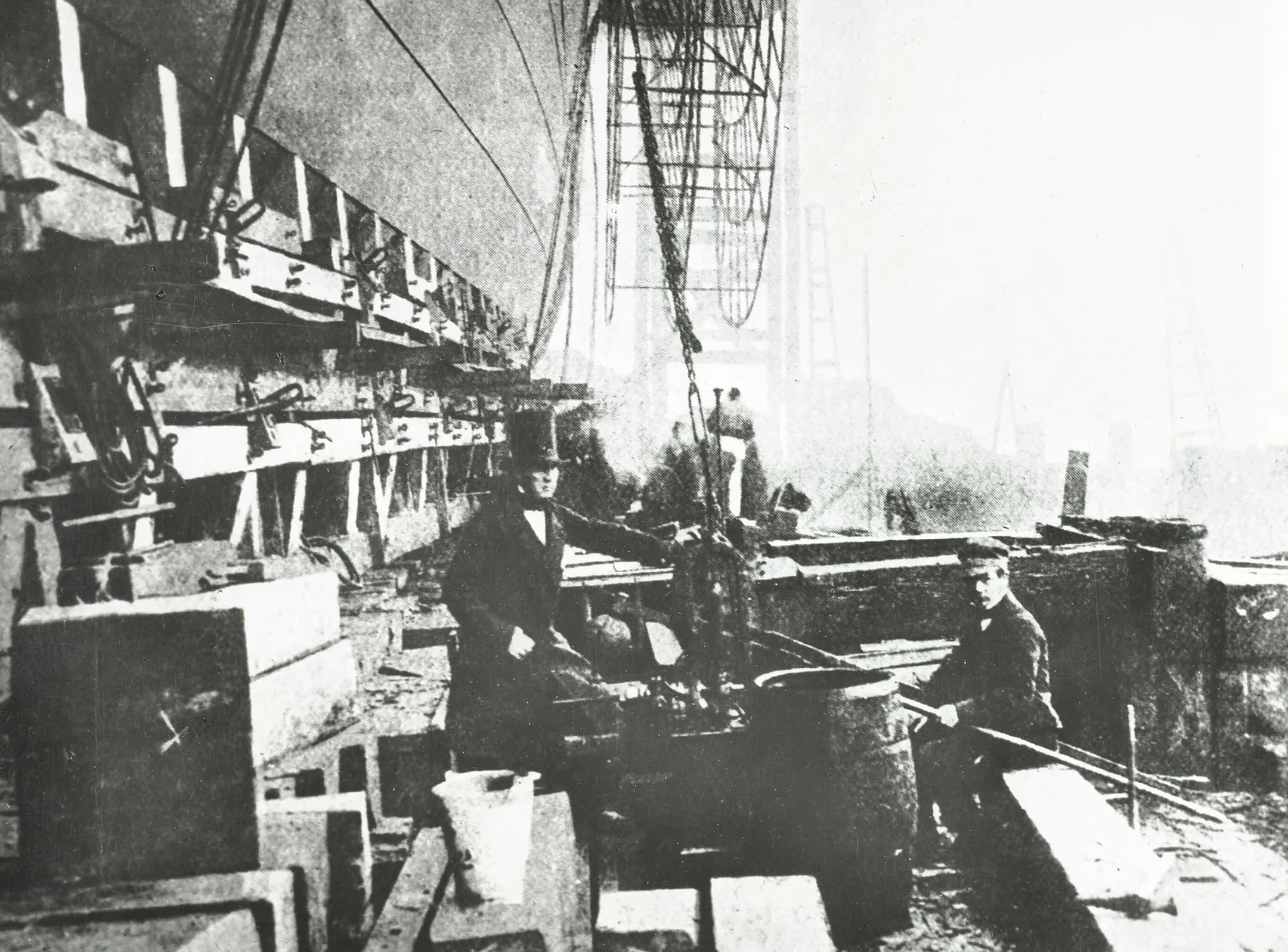 a photograph of Isambard Kingdom Brunel standing by the SS Great Eastern ship