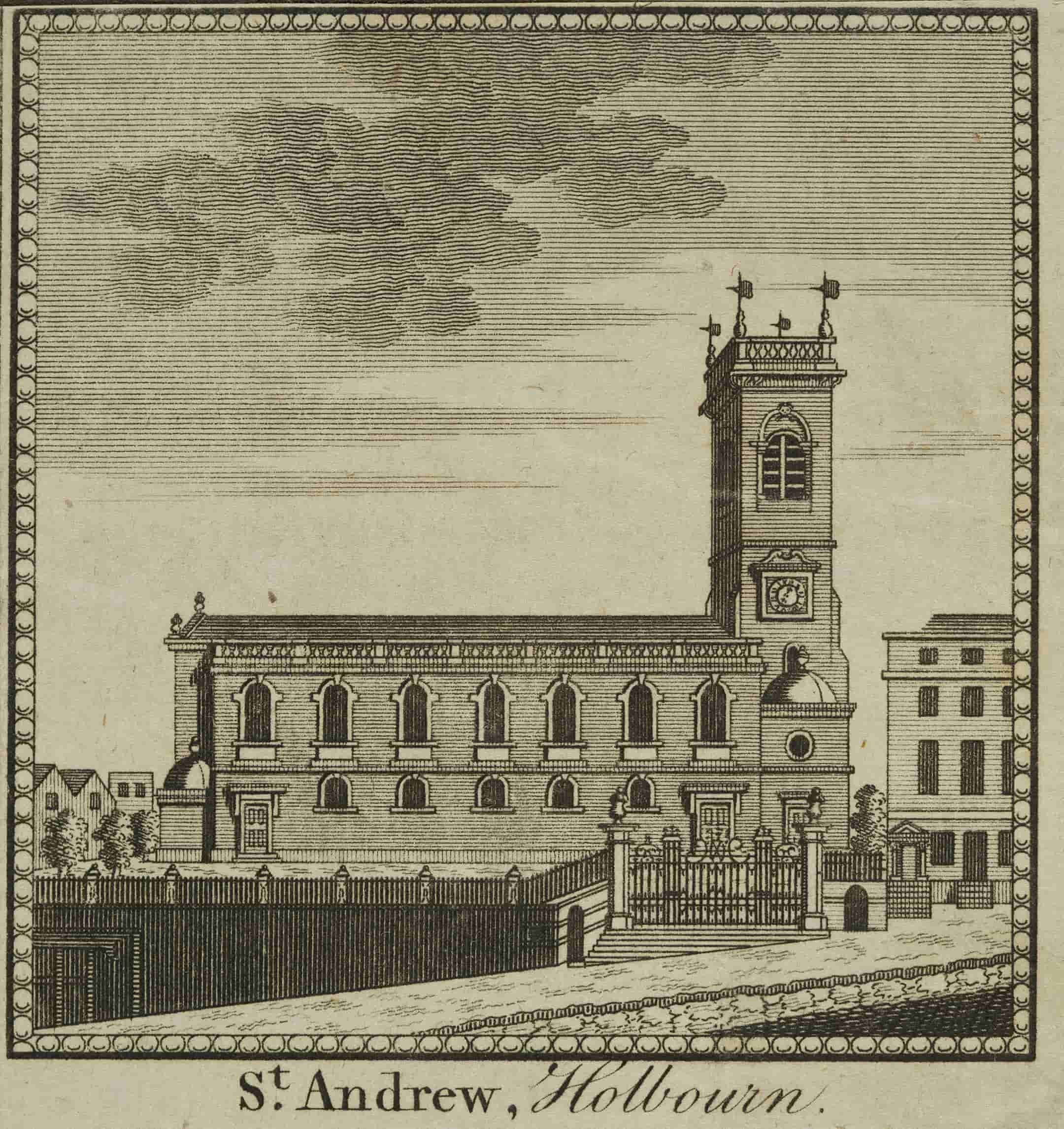 View of St Andrew, Holborn from the north, c.1750.