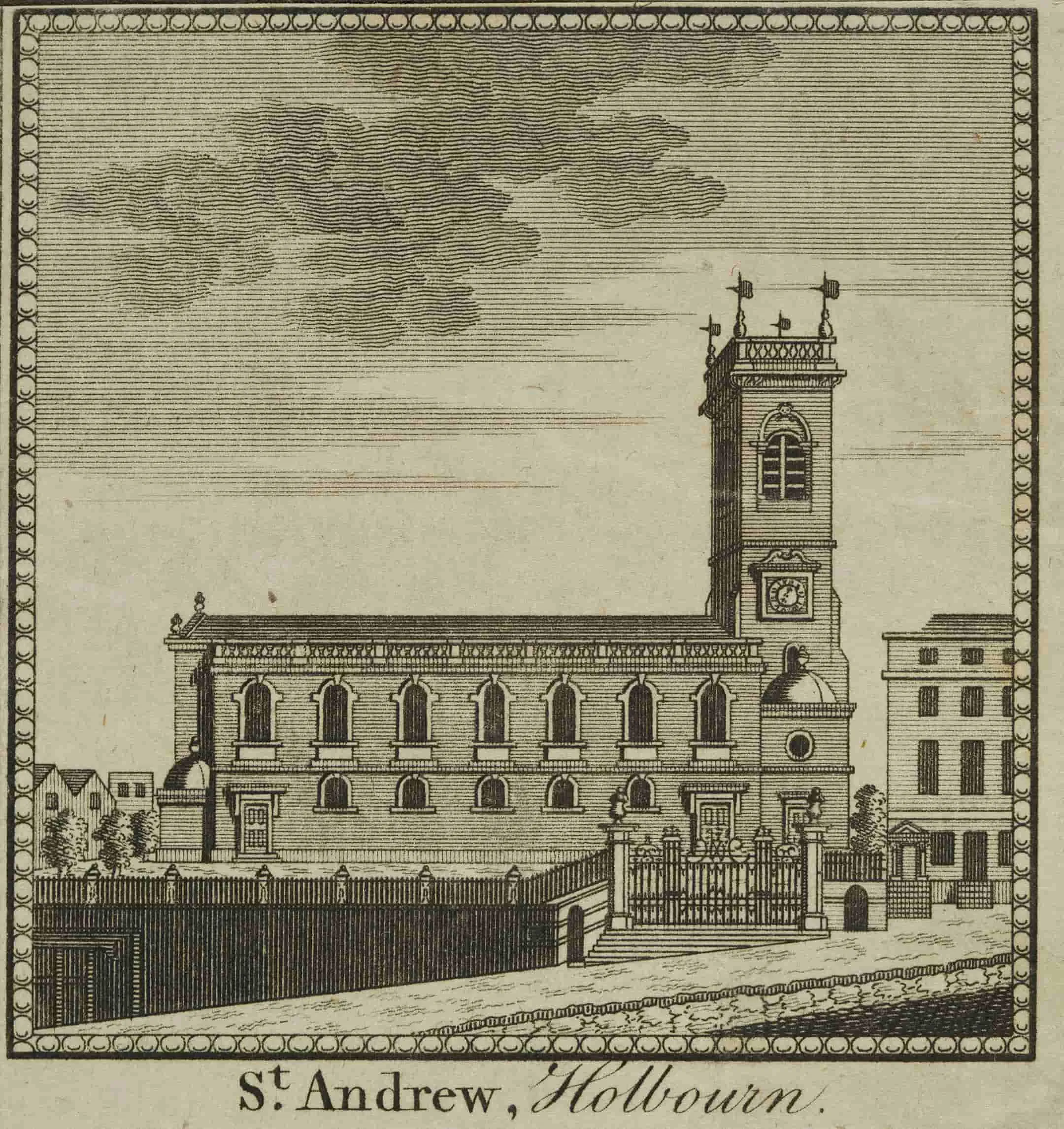 View of St Andrew, Holborn from the north, c.1750.