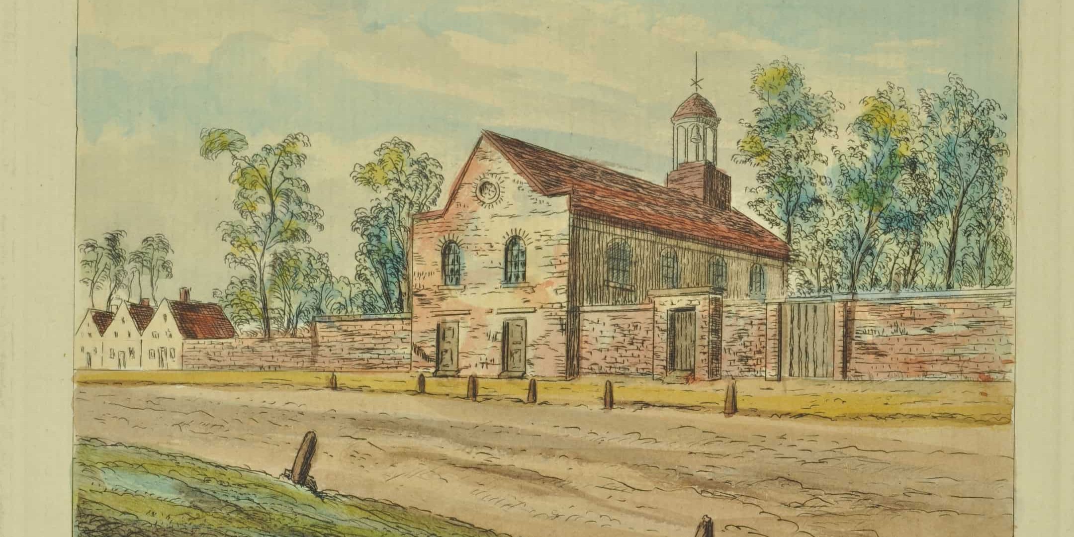 Illustration of outside of church, red roof, white and pink bricks 