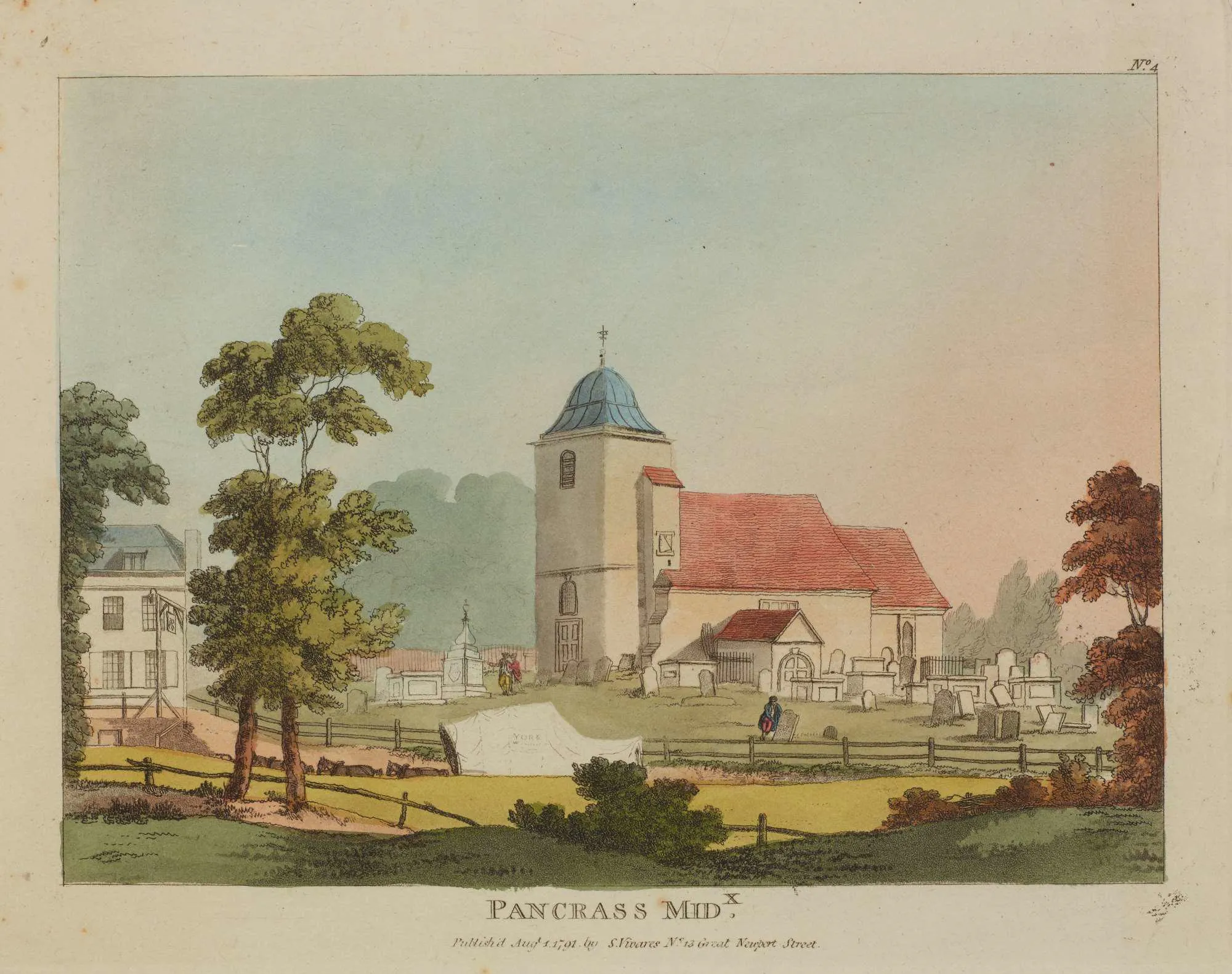 painting of a church and graveyard with a tree in the foreground