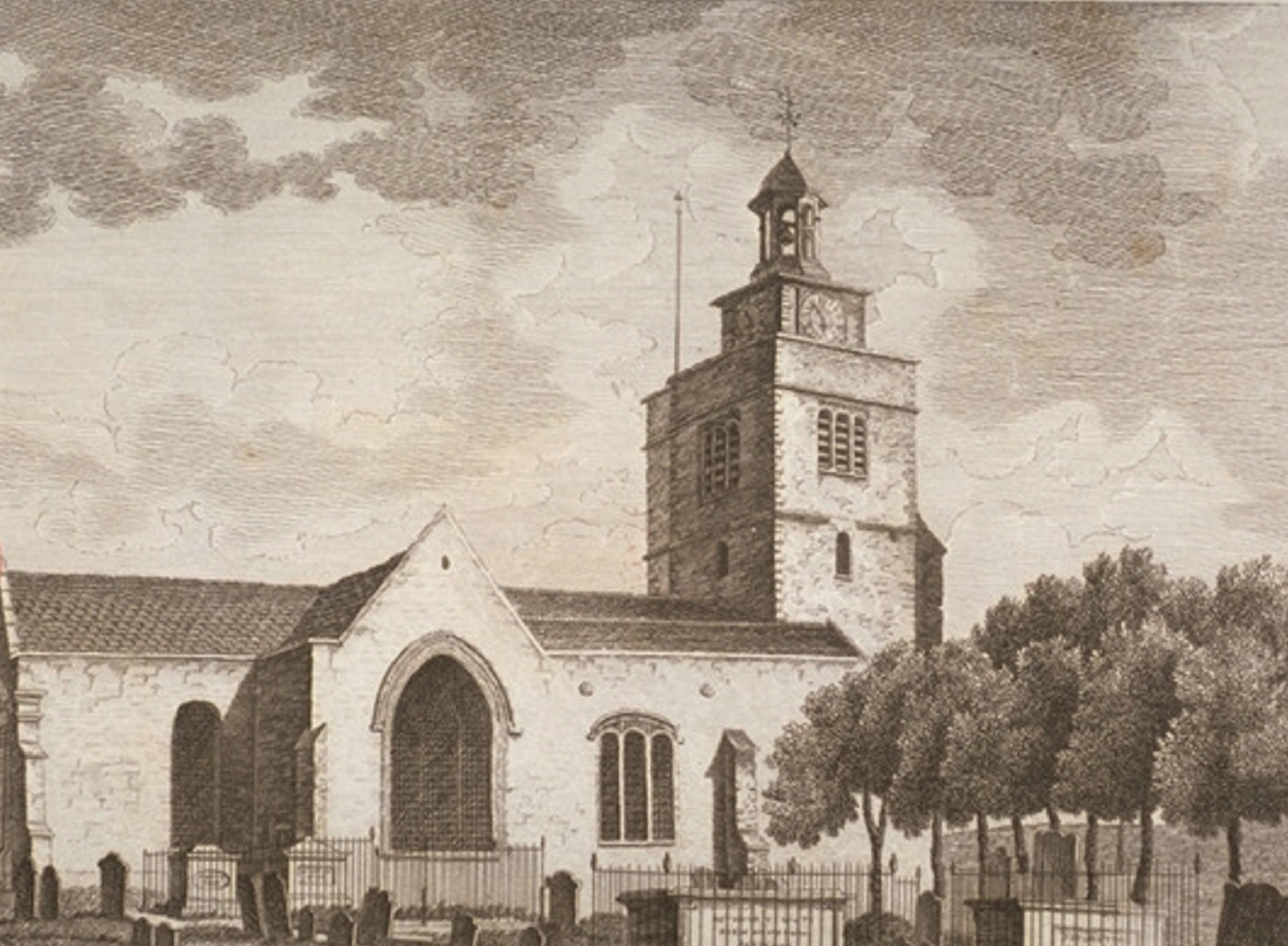 Illustration of outside a church, headstones and trees in front of the church. 
