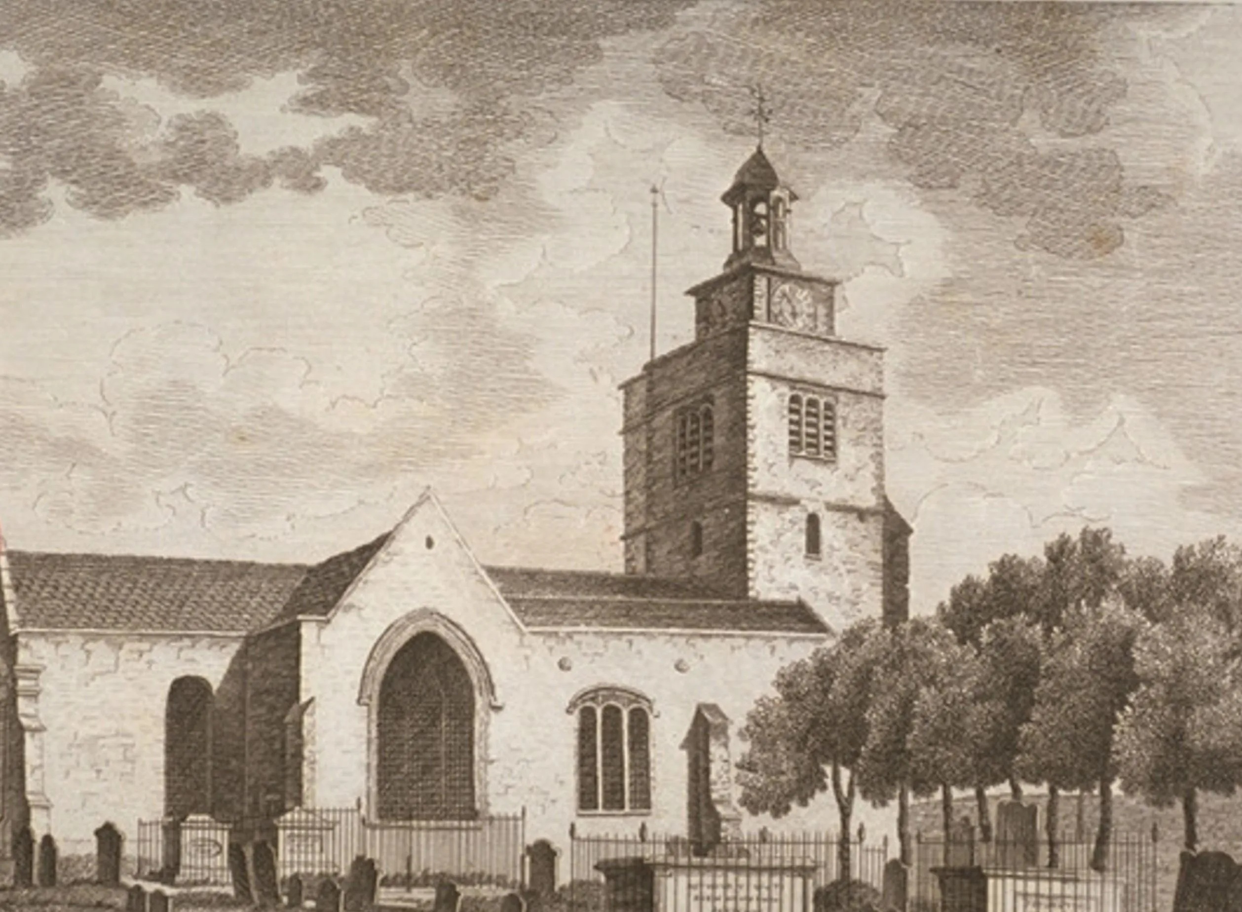 Illustration of outside a church, headstones and trees in front of the church.