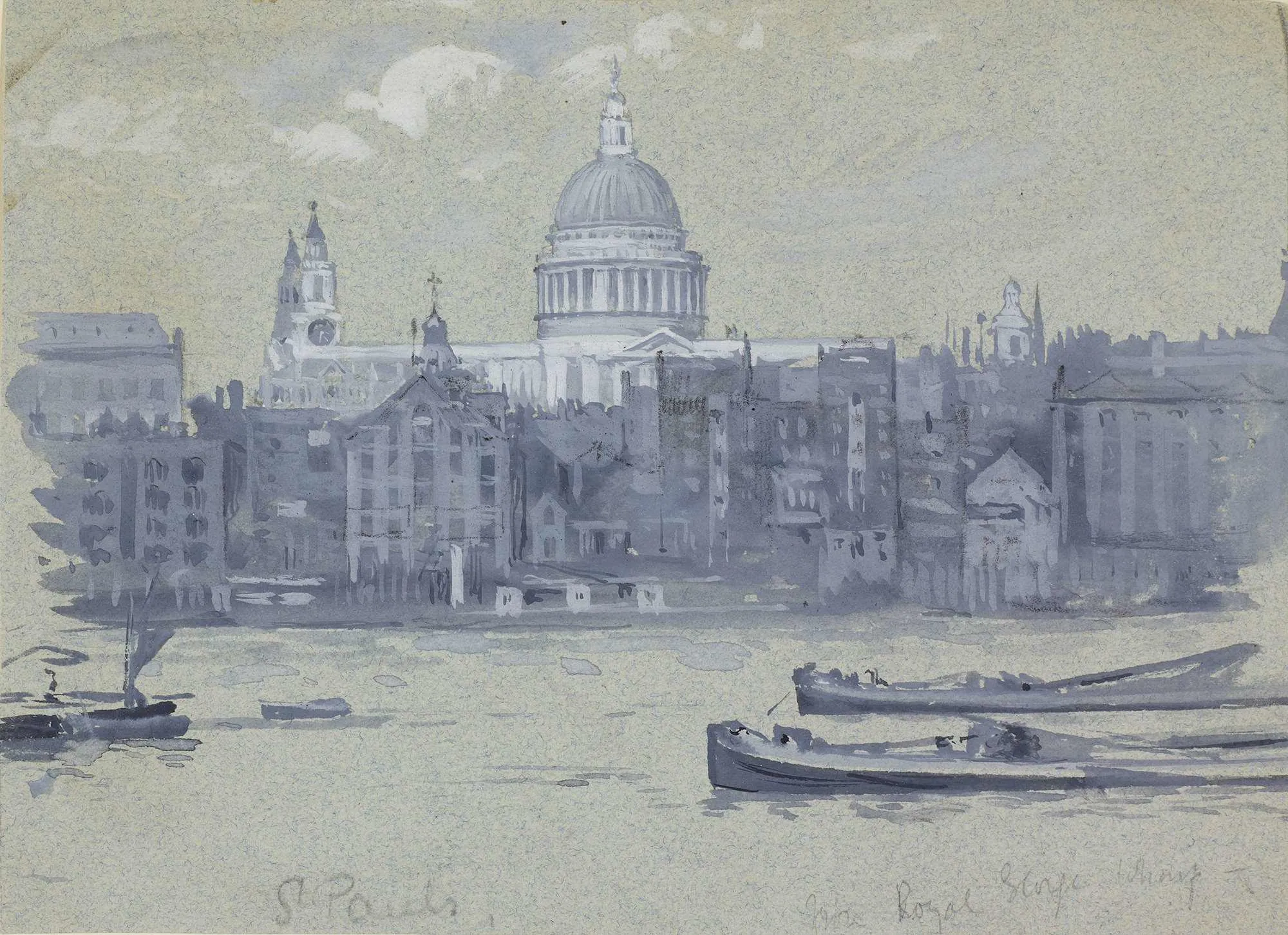 View of St Paul's Cathedral with the River Thames in the foreground painted in watercolour