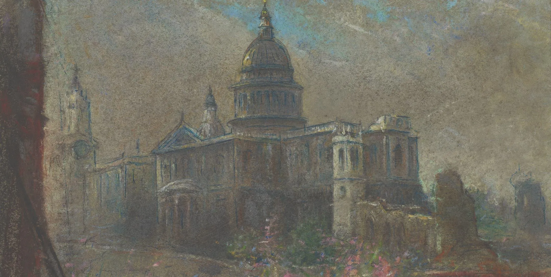 Watercolour showing St Paul's Cathedral in a bombed landscape