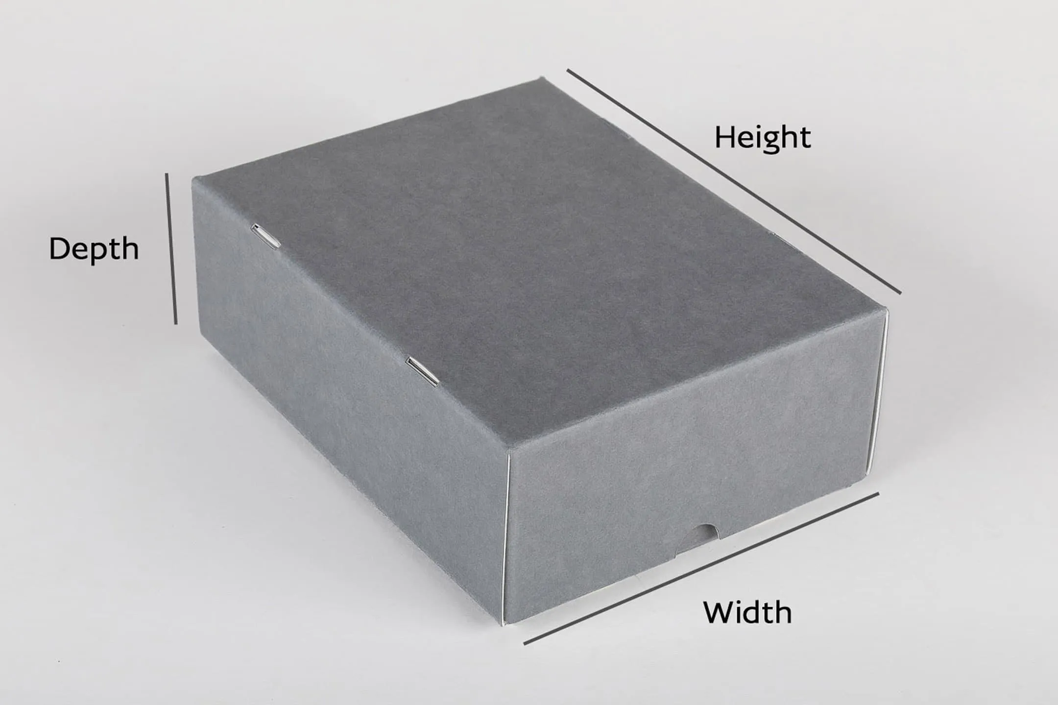 Tabbed box and lid marked with height, depth and width