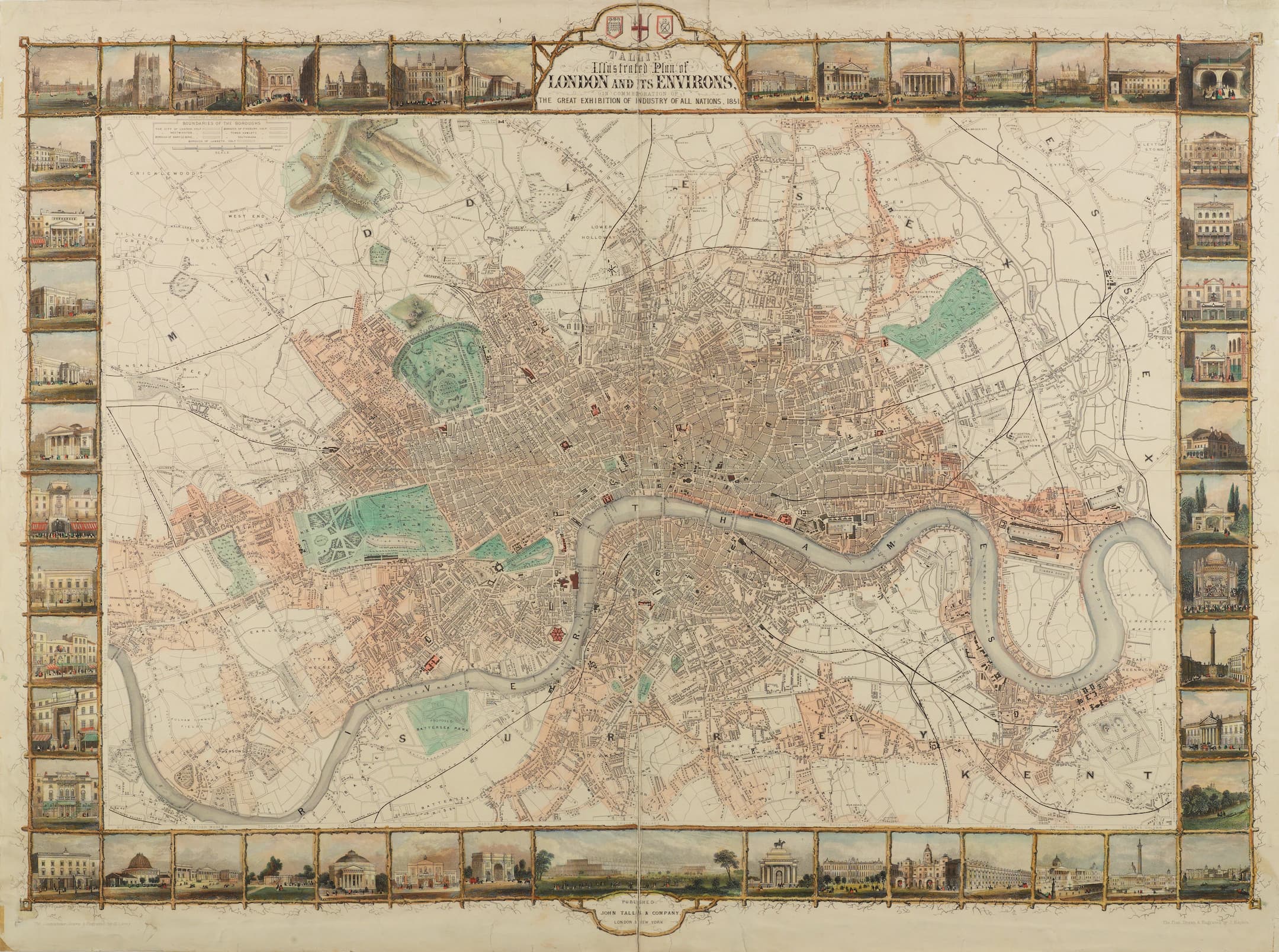 map of London with engravings around the outside of london landmarks