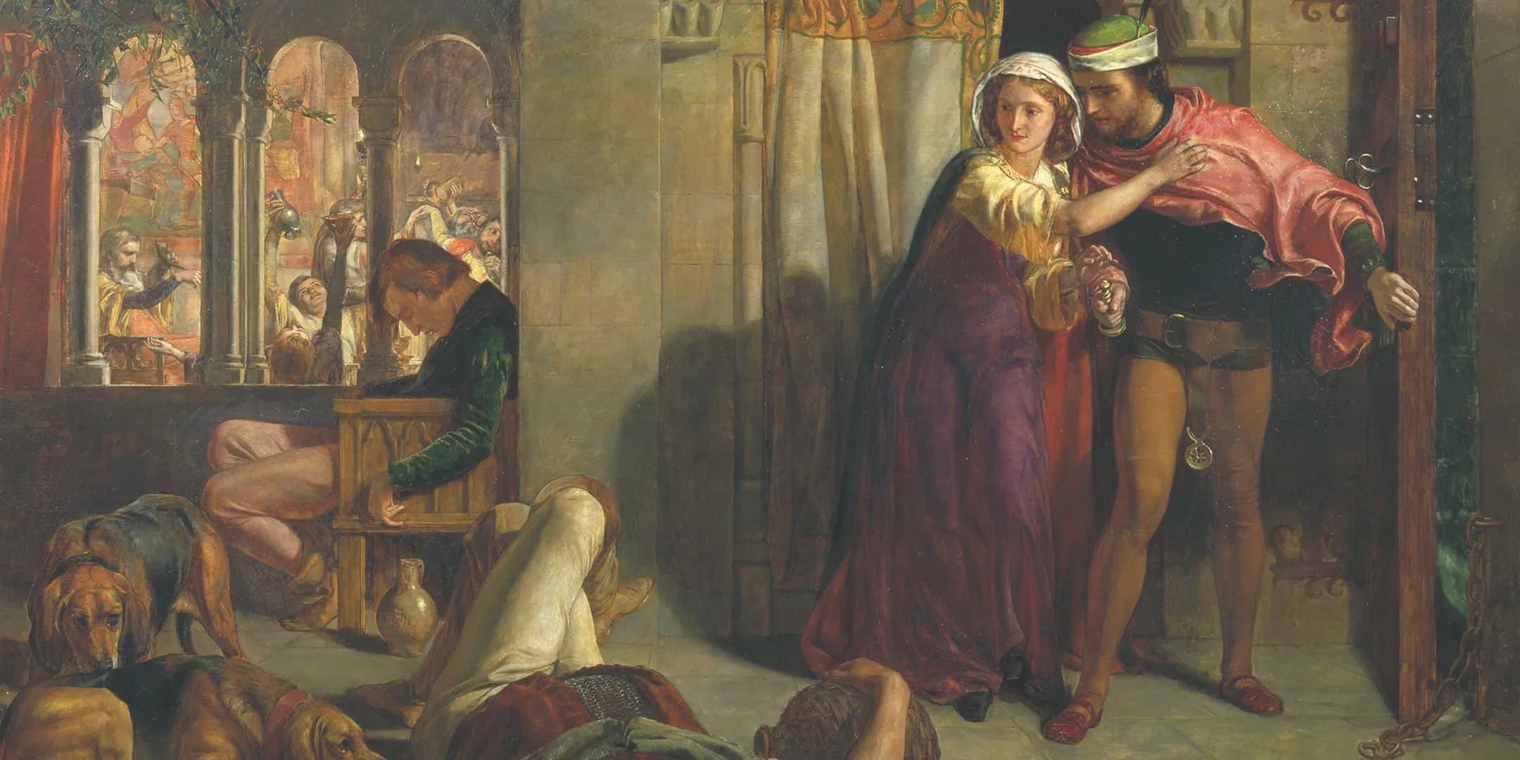 Oil painting showing people in medieval clothes