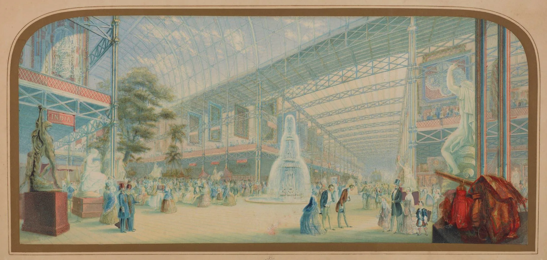 a fountain in the middle of a glass structured building with people surrounding it