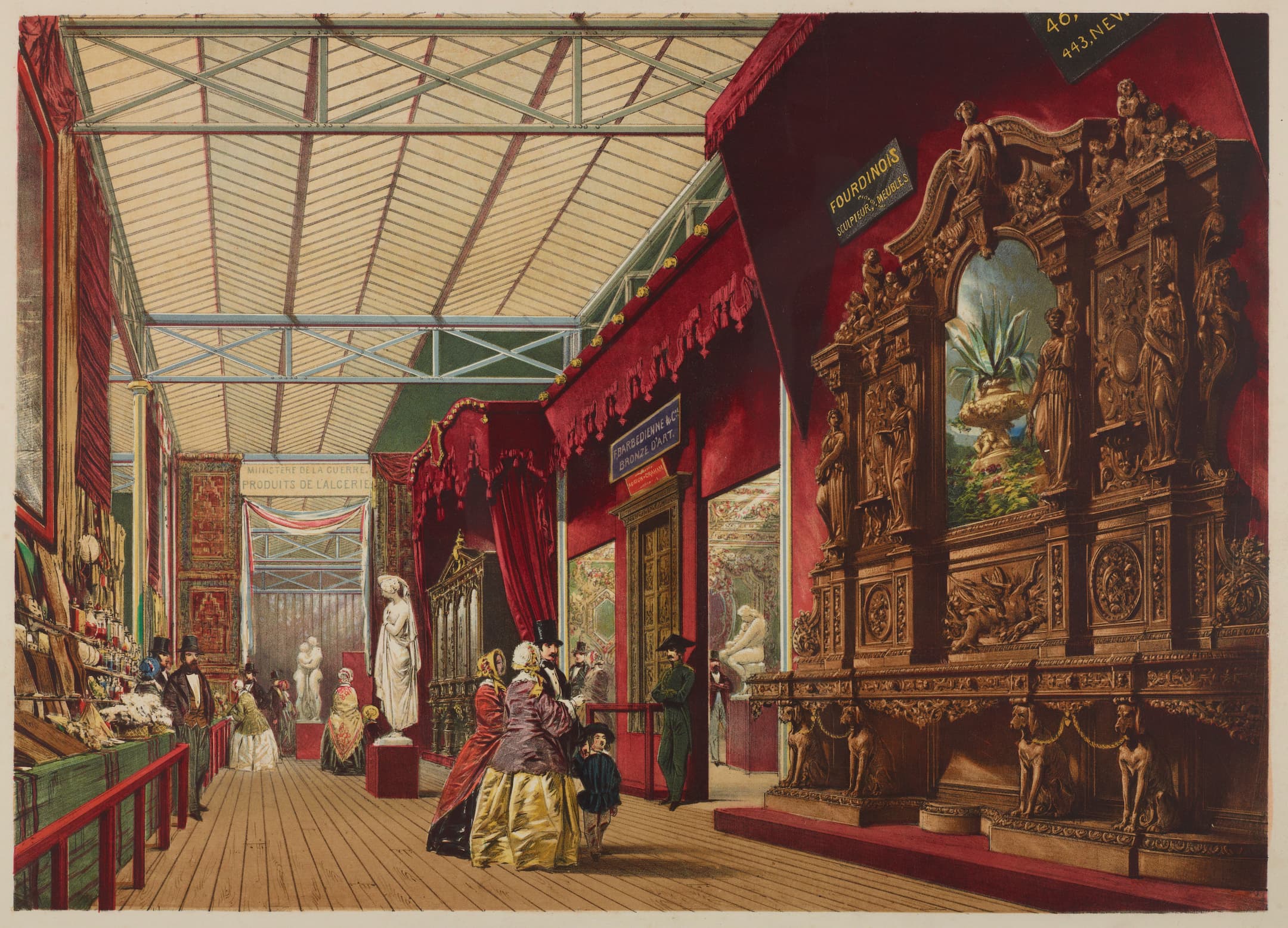 red canopies hang over large sculptures and furniture with a glass ceiling and wood flooring