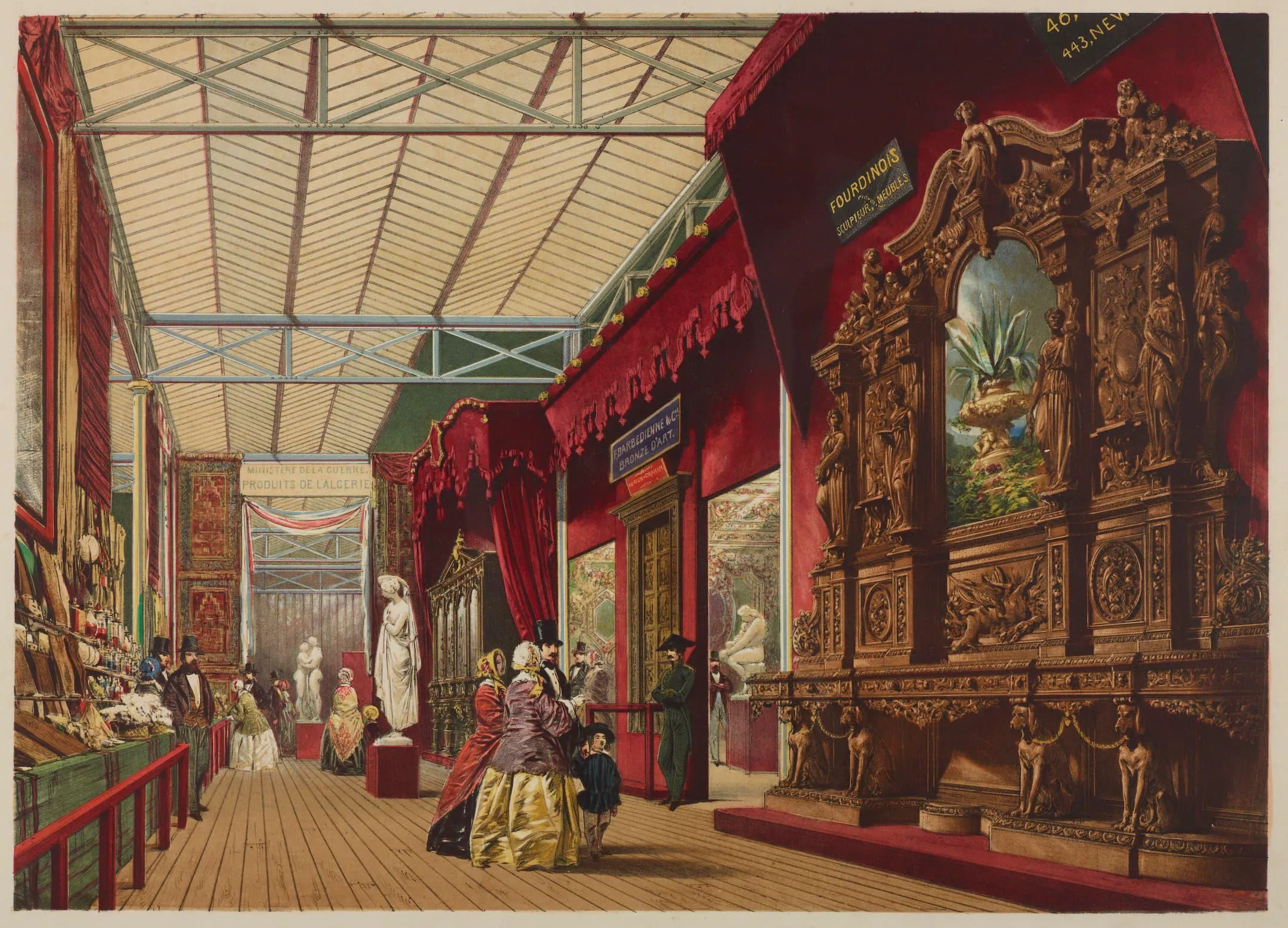 red canopies hang over large sculptures and furniture with a glass ceiling and wood flooring