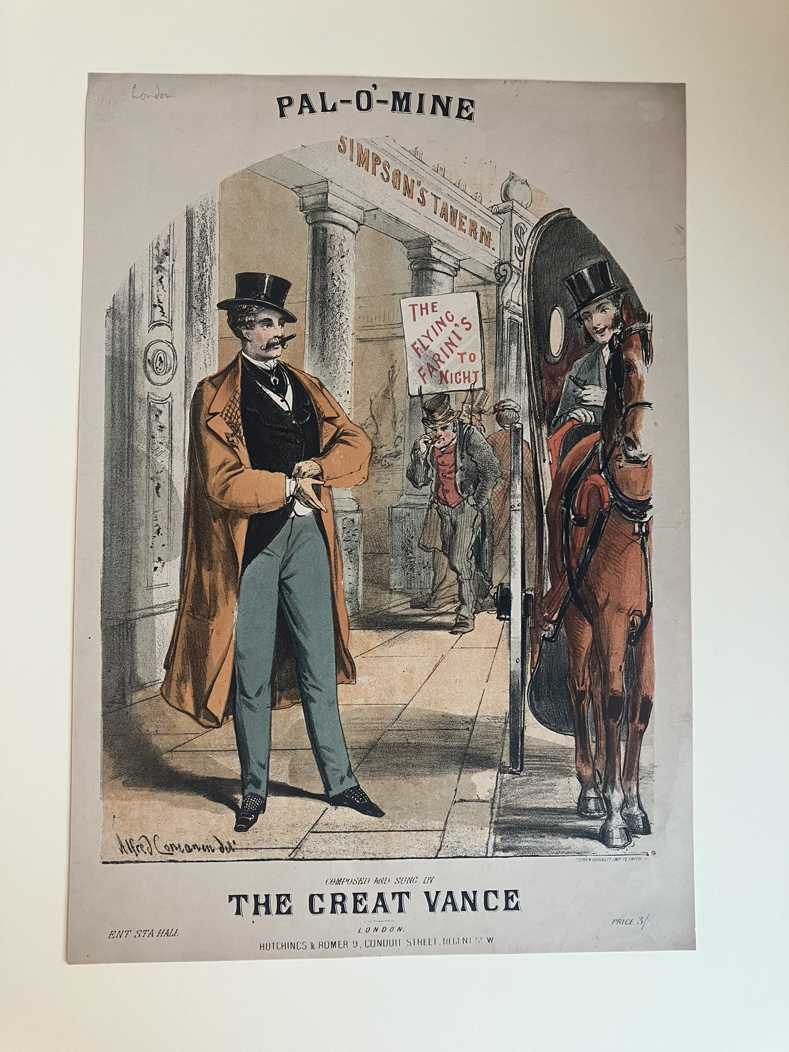 a drawing of a man with top hat and moustache outside simpson's tavern