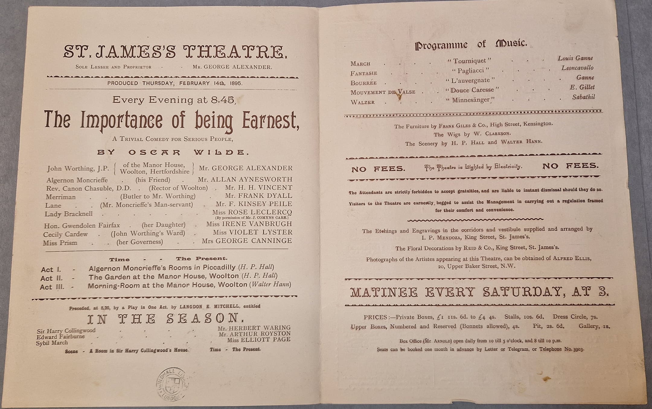 Inside of a theatre programme, detailing the cast and facilities at the theatre