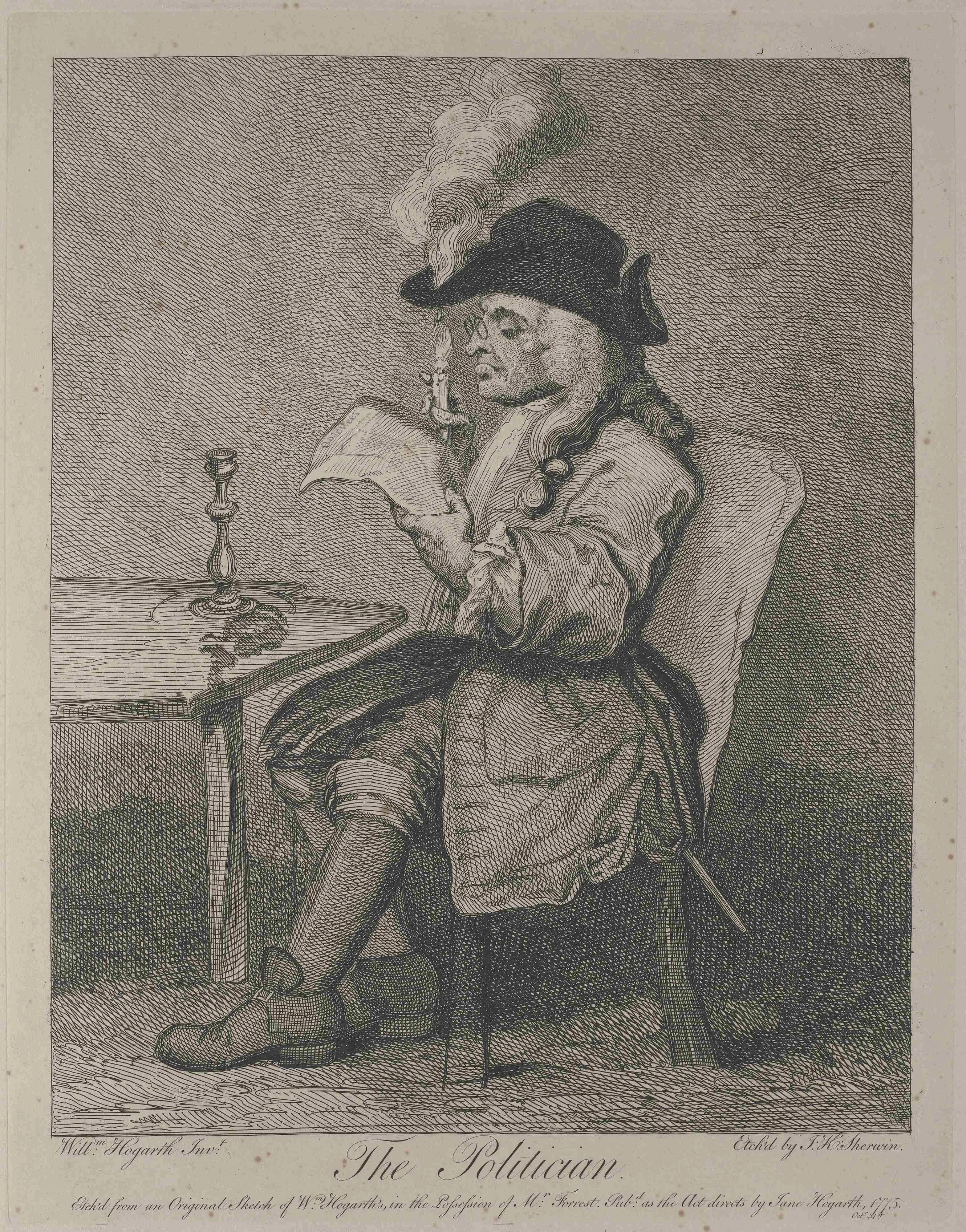 an engraving of a man seated in eighteenth century dress holding a candle to read which is burning through his hat