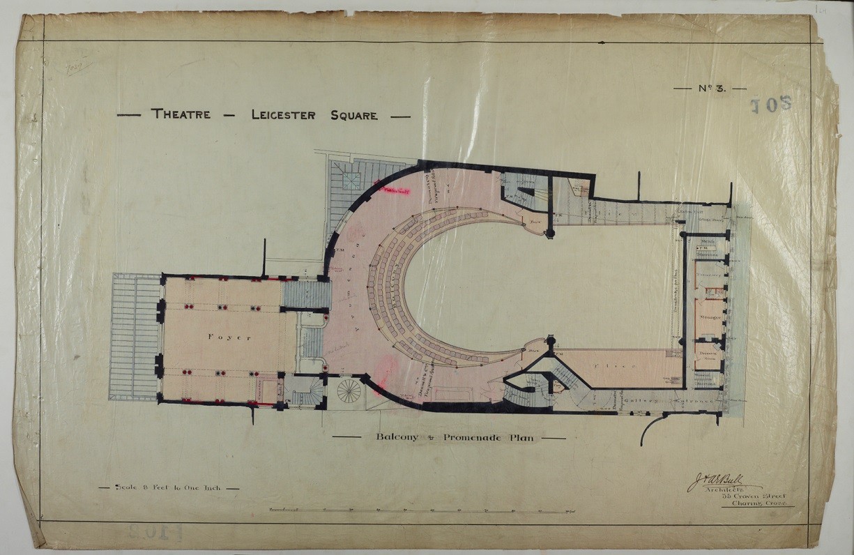 Illustration of plans for the balcony and promenade at Theatre in Leicester Square 