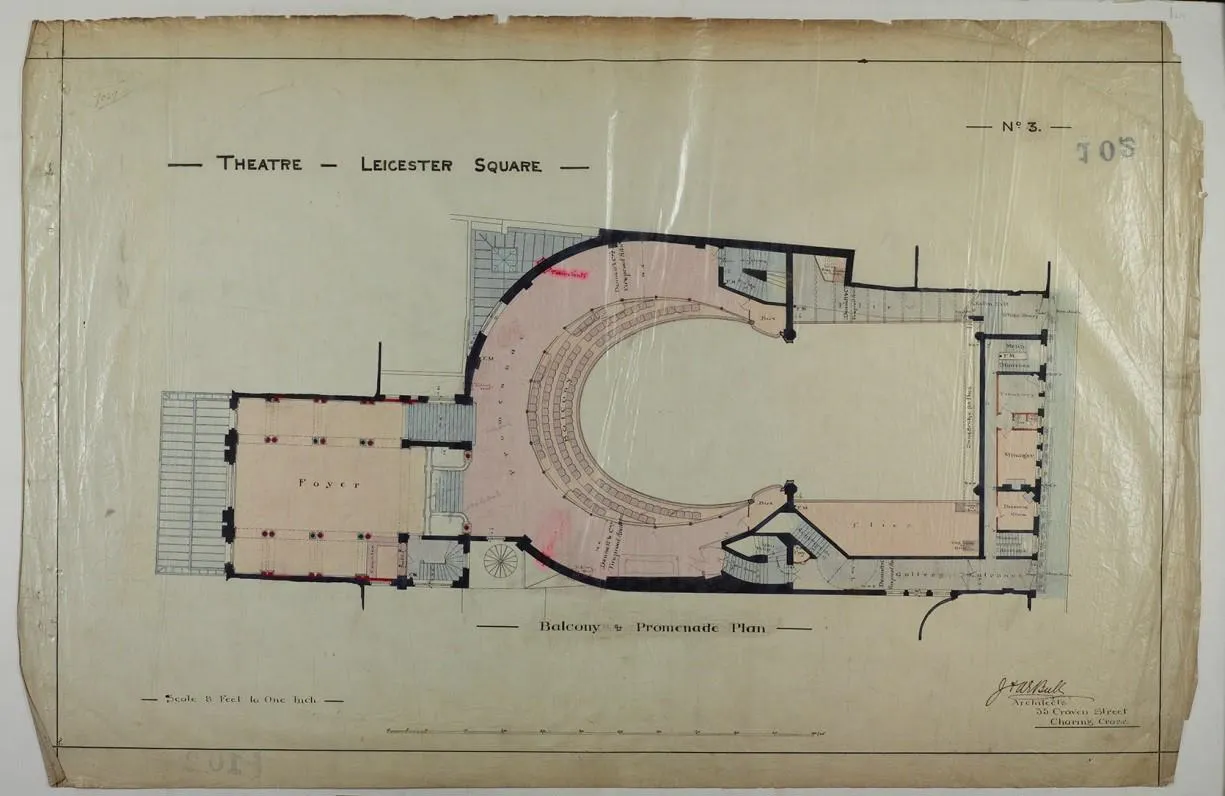 Illustration of plans for the balcony and promenade at Theatre in Leicester Square