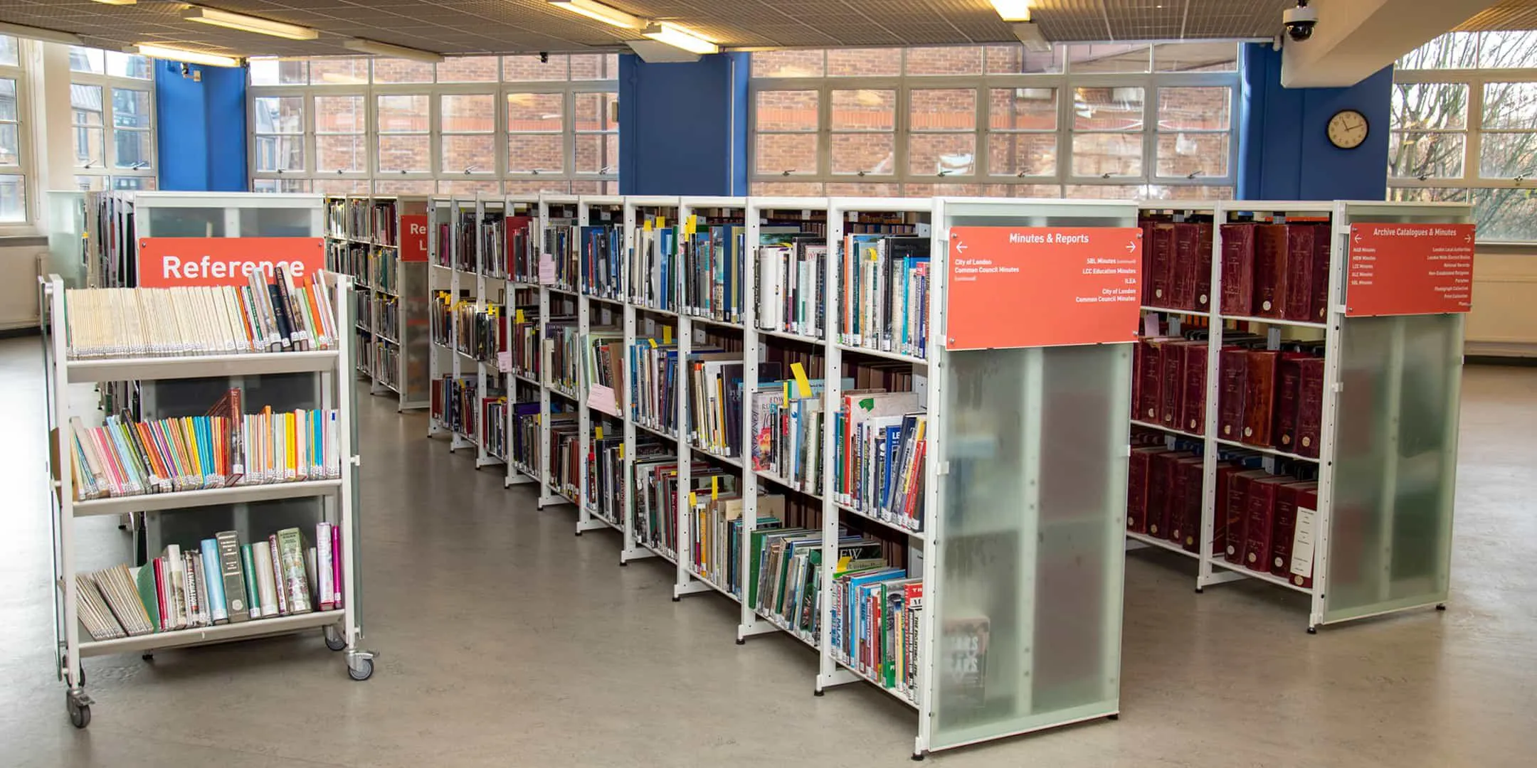Library shelves with books