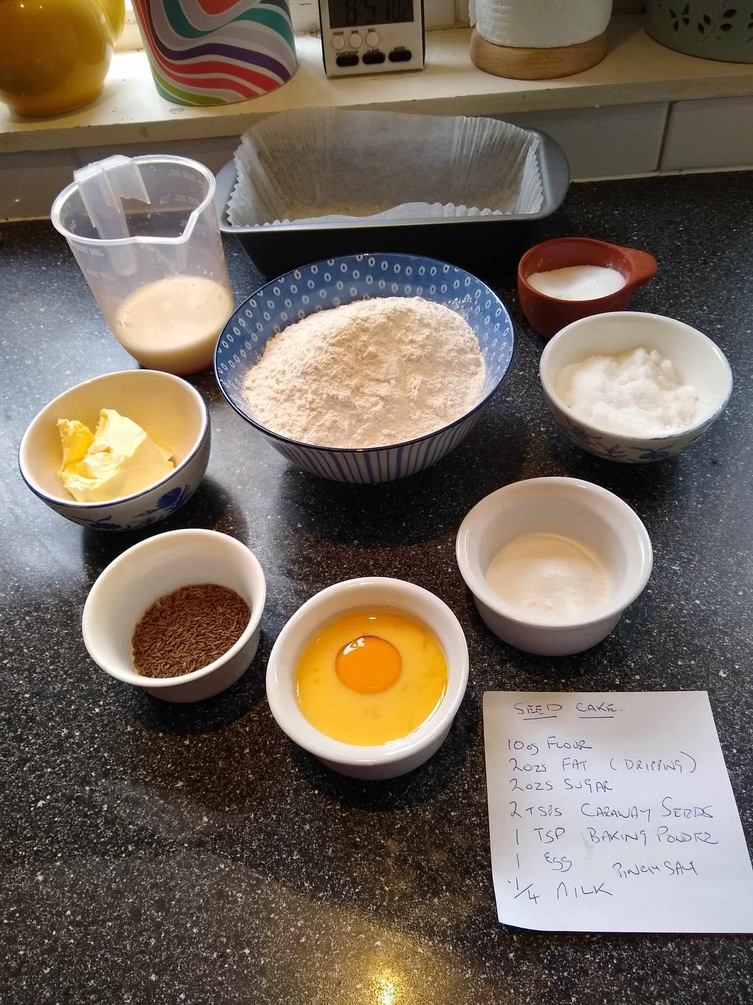 Seed Cake ingredients in bowls