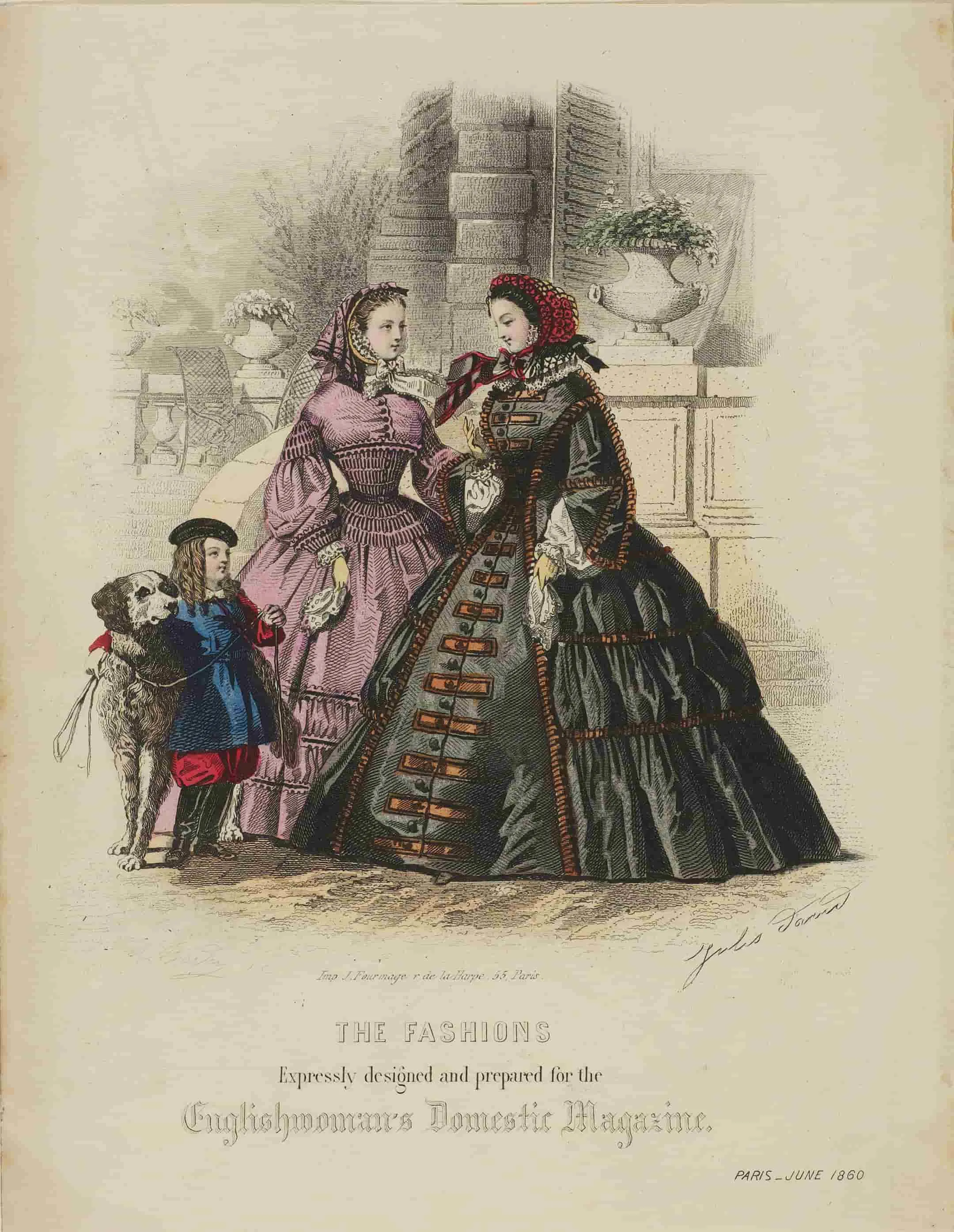 Two women wearing crinolines and a child and dog