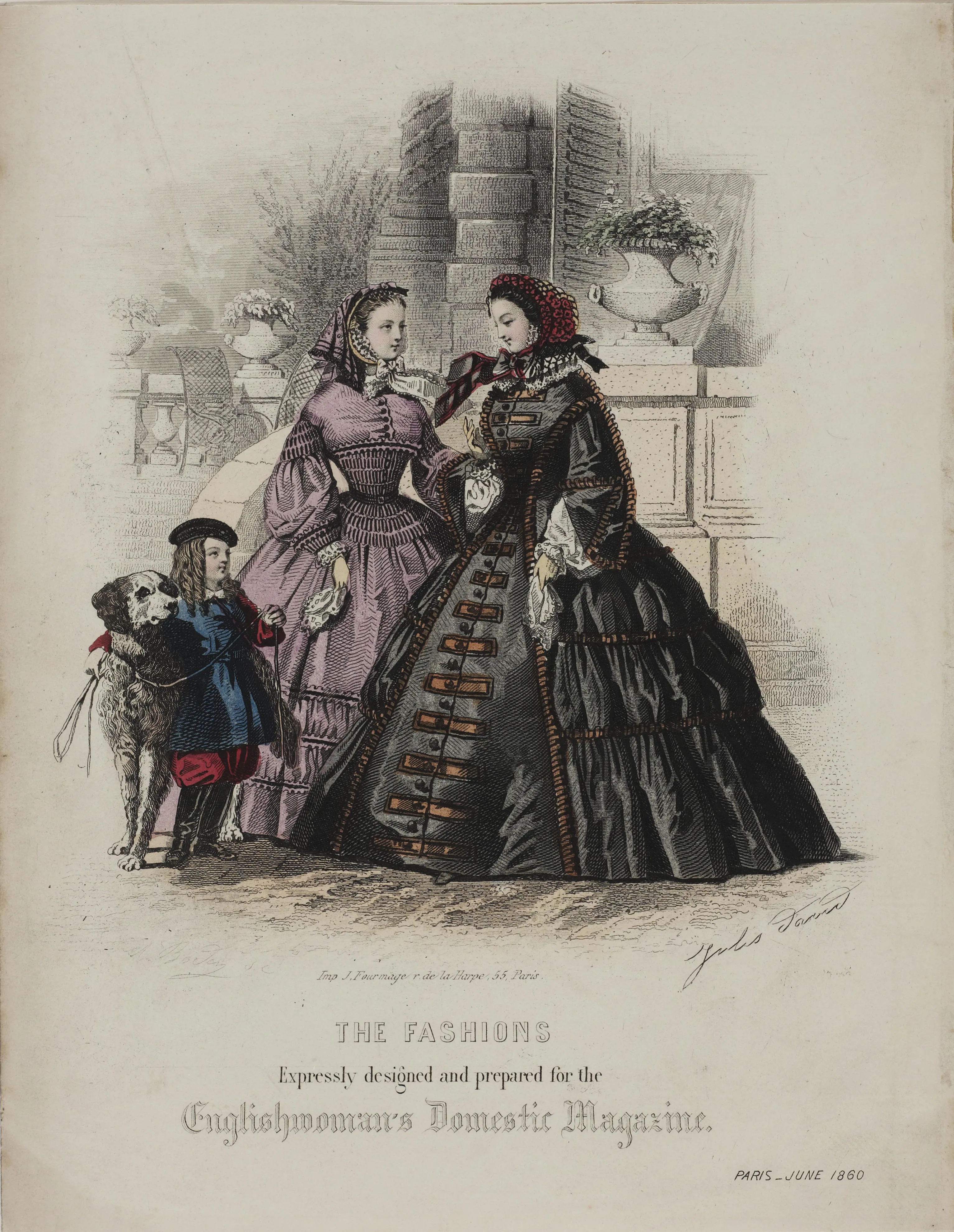 Two women wearing crinolines and a child and dog