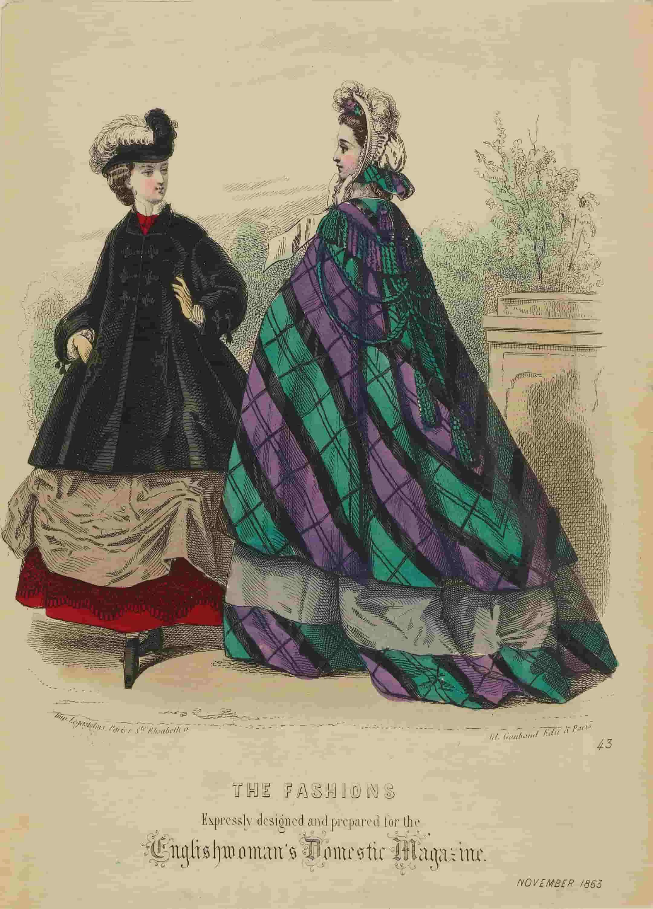 Two women in Victorian dresses and coats, with feathered hats.