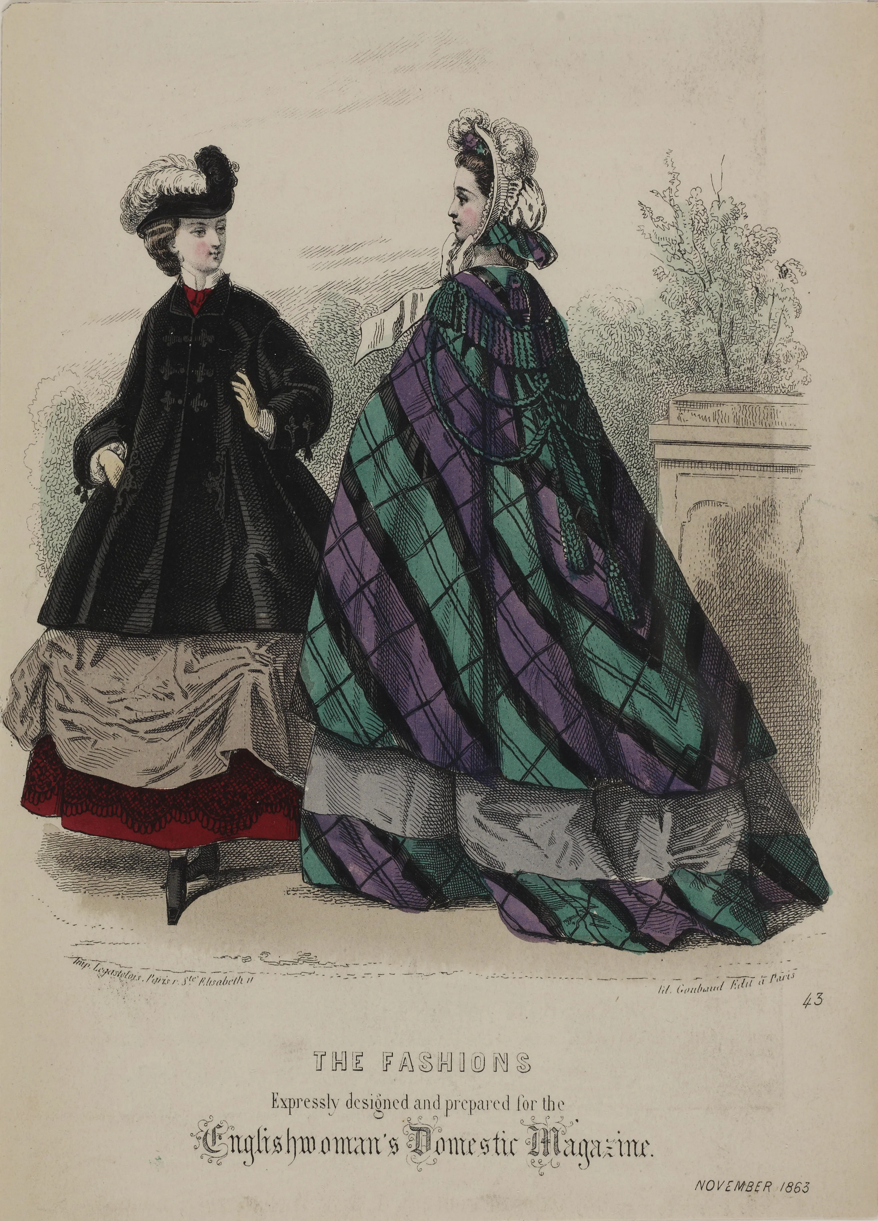 Two women in Victorian mantles and feathered hats.