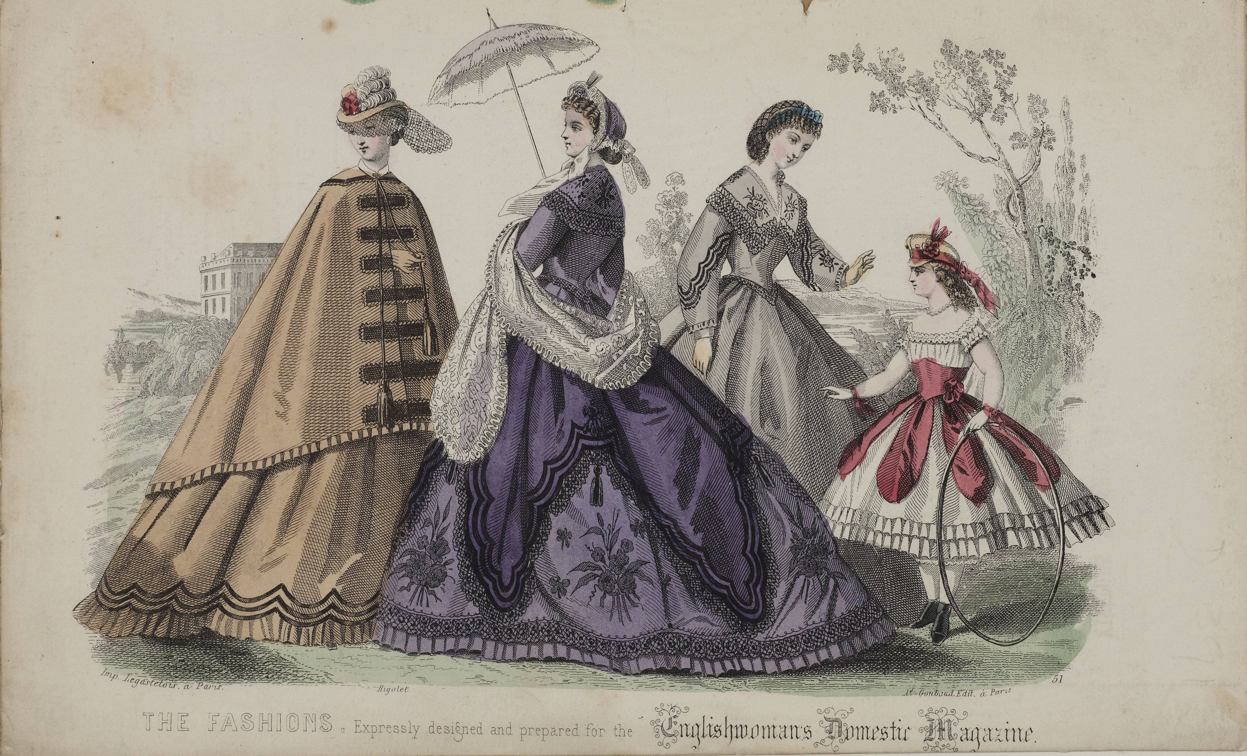 Three woman and child in Victorian dress.