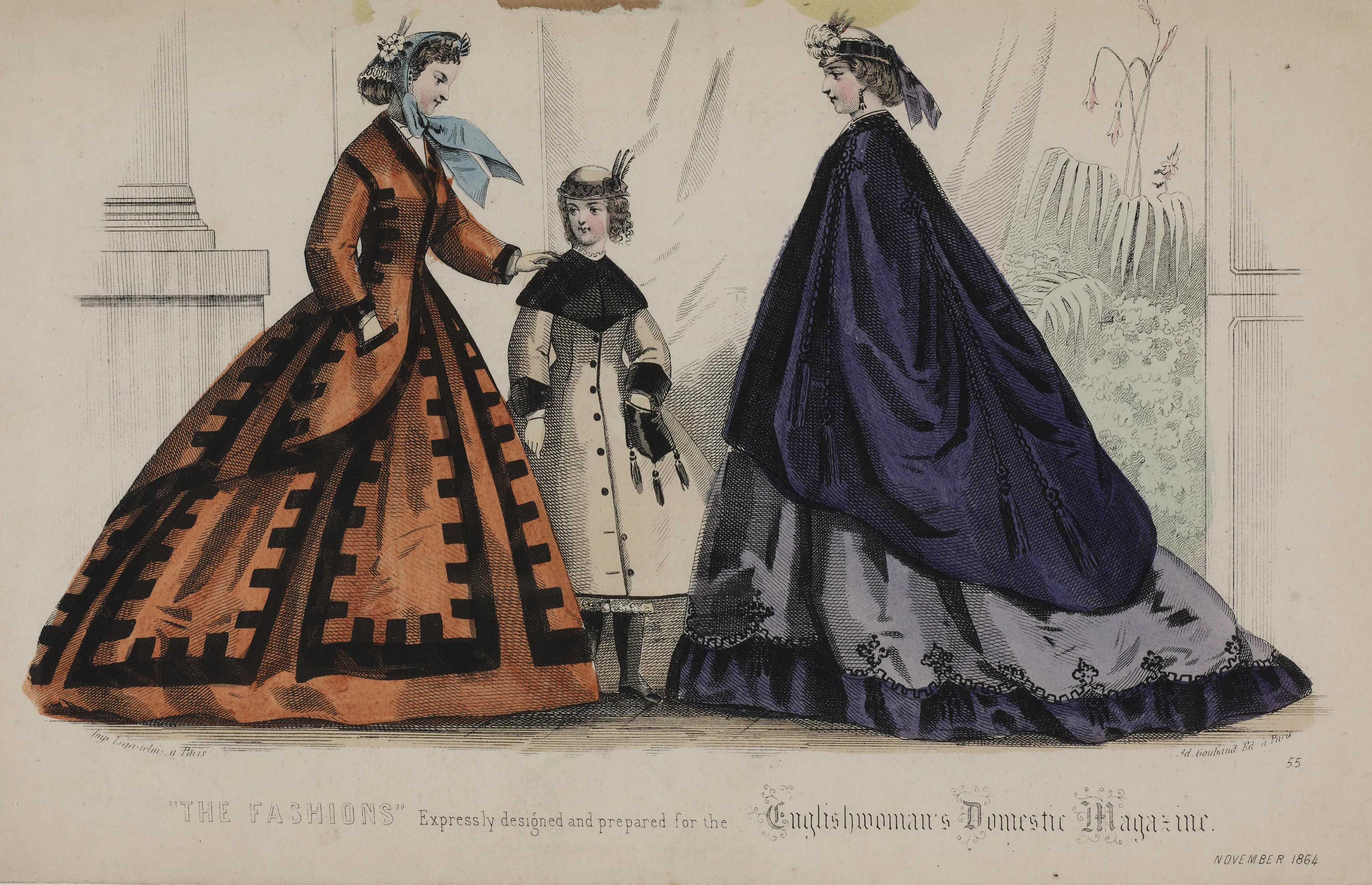 Two women in brightly coloured Victorian dresses of purple and orange and a child wears a white coat with black cape