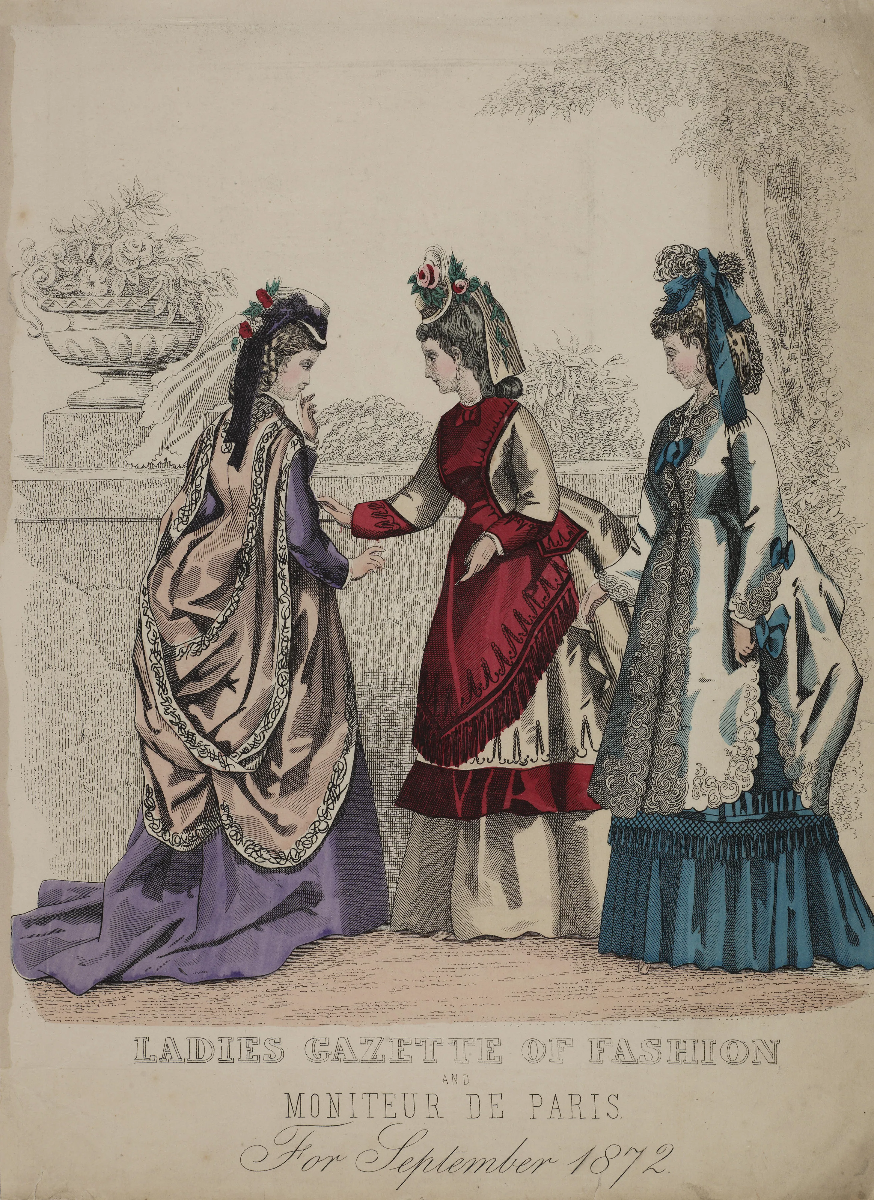 Three women in Victorian seaside and garden dress with ribband bonnets.