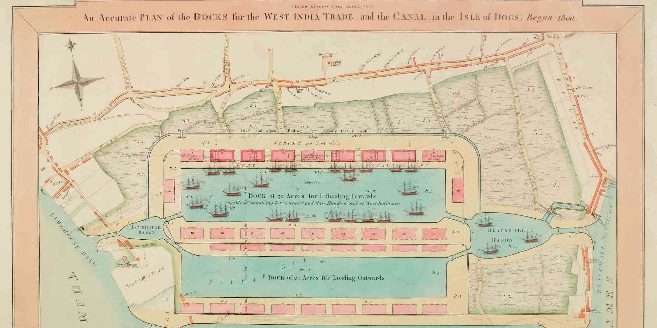 Plan showing a body of water surrounded by field, pink border around the plan. 