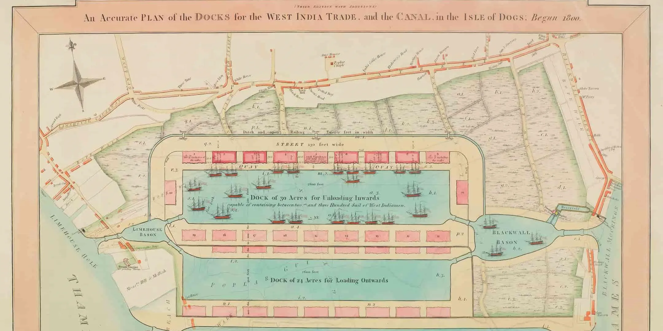 Plan showing a body of water surrounded by field, pink border around the plan.