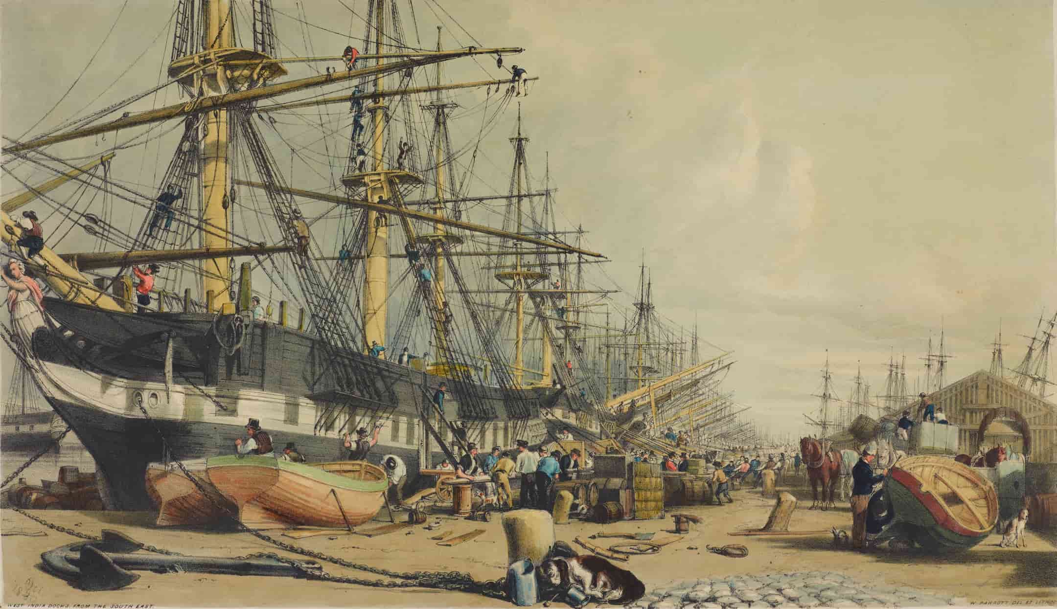 View of West India Dock, showing ships docked, figures making repairs to boats or handling cargo, 1830