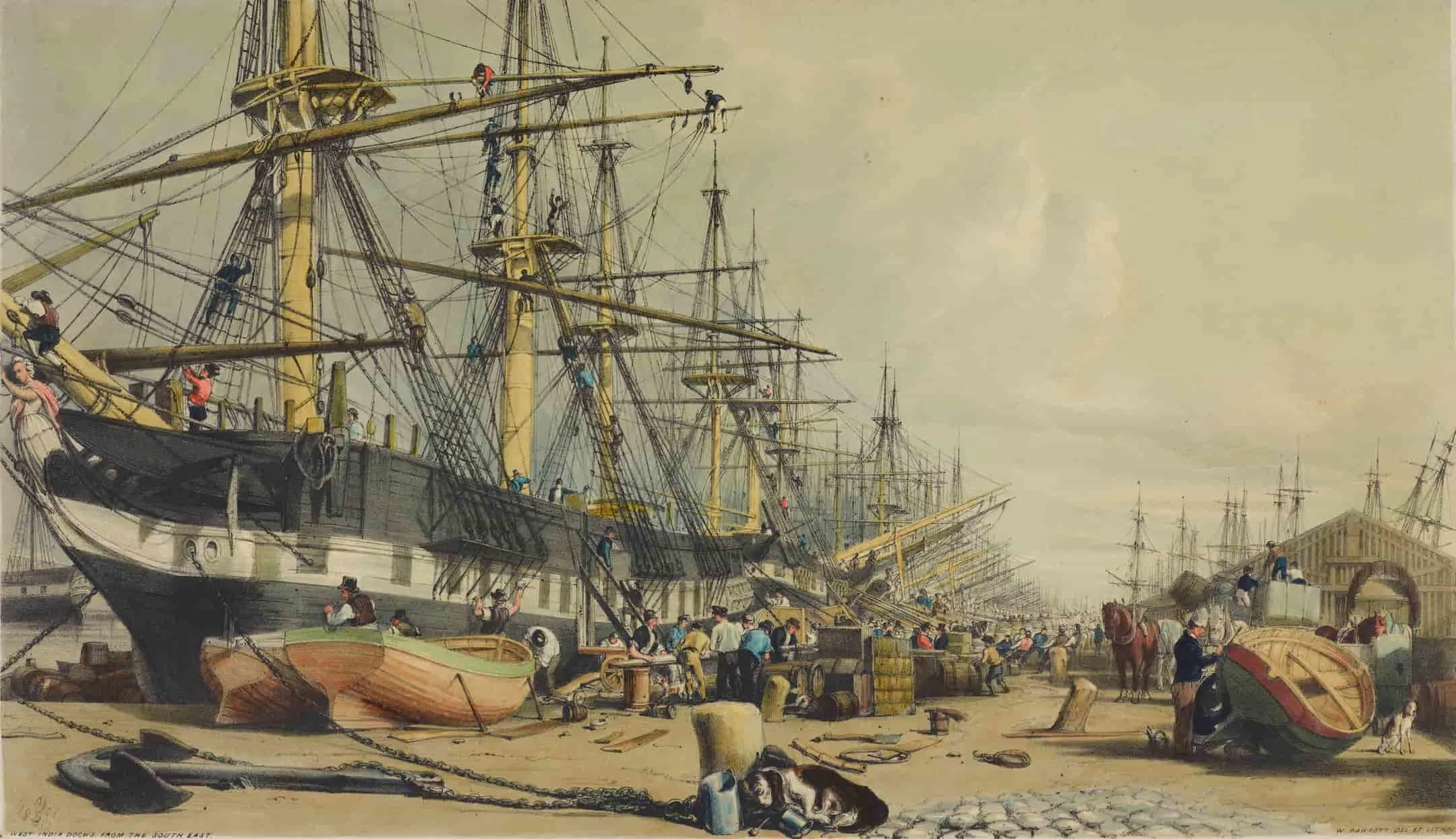 View of West India Dock, showing ships docked, figures making repairs to boats or handling cargo, 1830