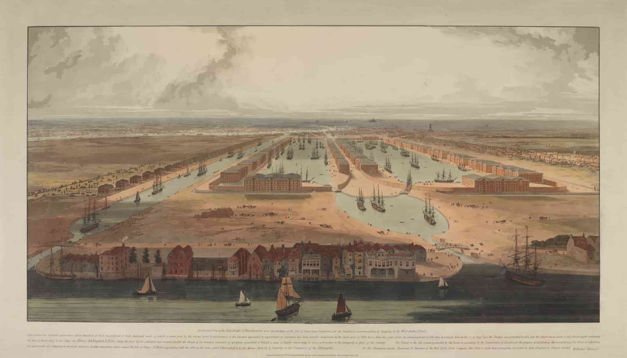 Elevated view looking westwards, of the new West India Dock under construction, with Blackwall in the foreground. 