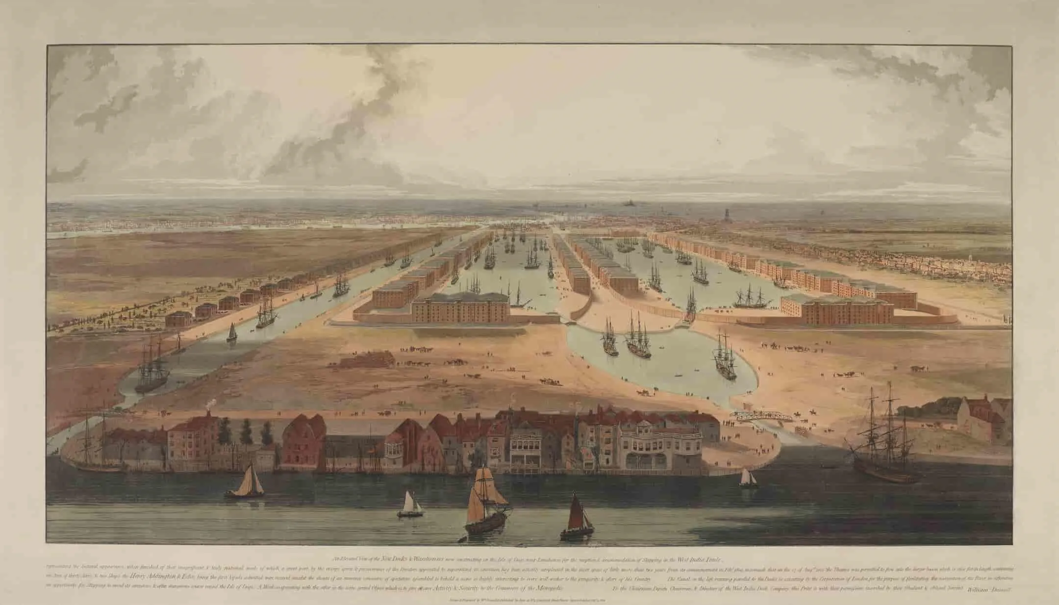 Elevated view looking westwards, of the new West India Dock under construction, with Blackwall in the foreground.