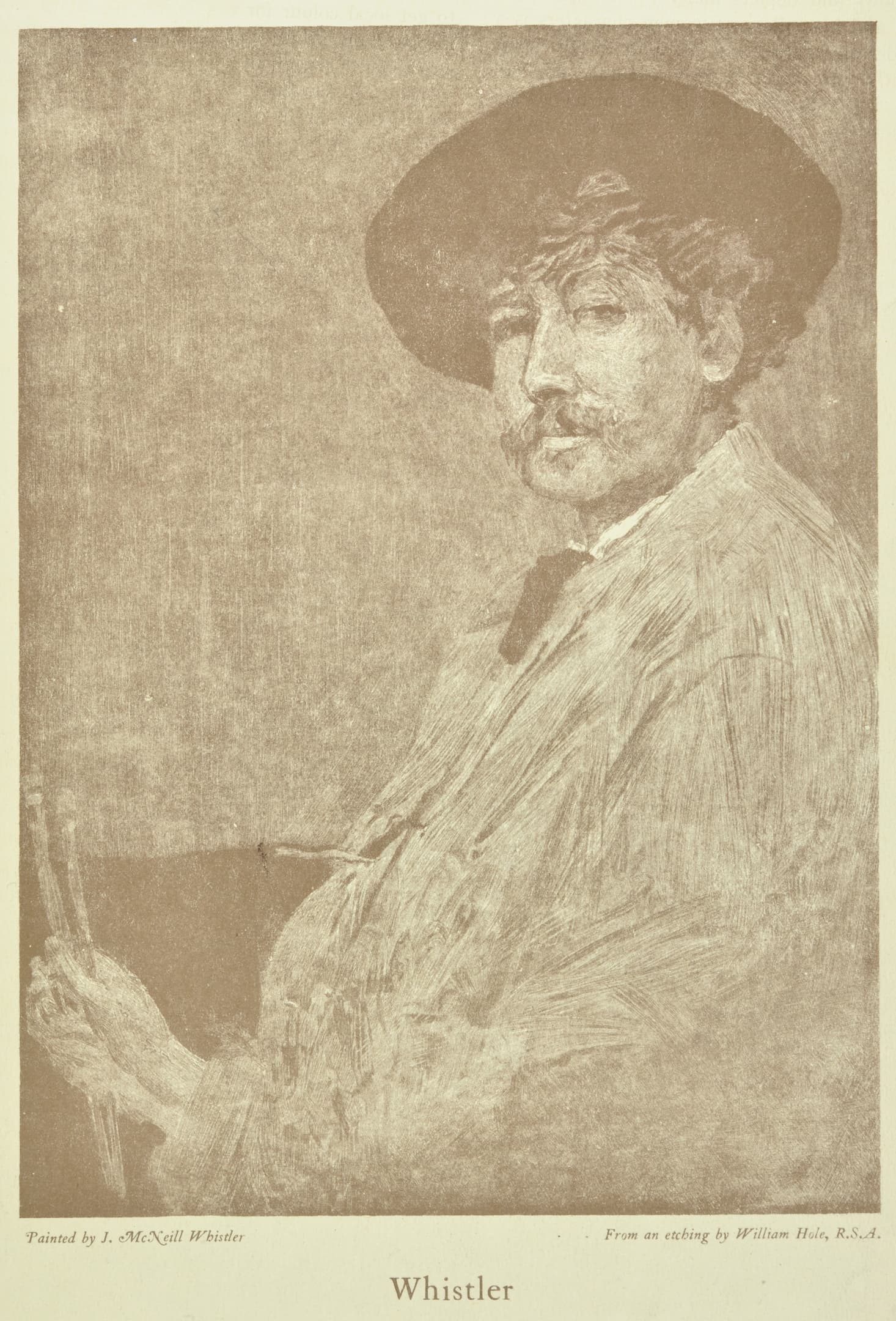 a man with a moustache and a hat faces the viewer in an artists smock