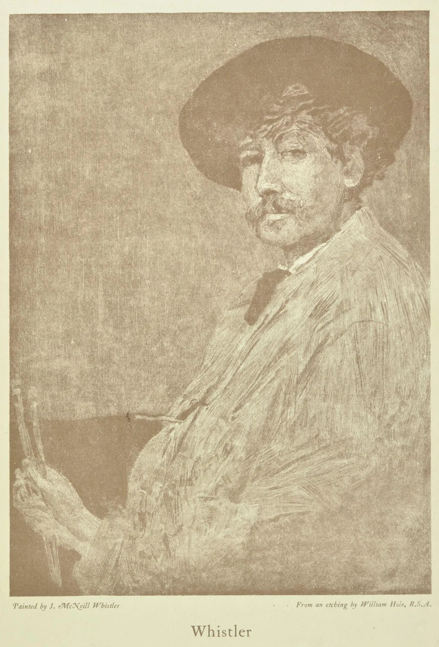 a man with a moustache and a hat faces the viewer in an artists smock