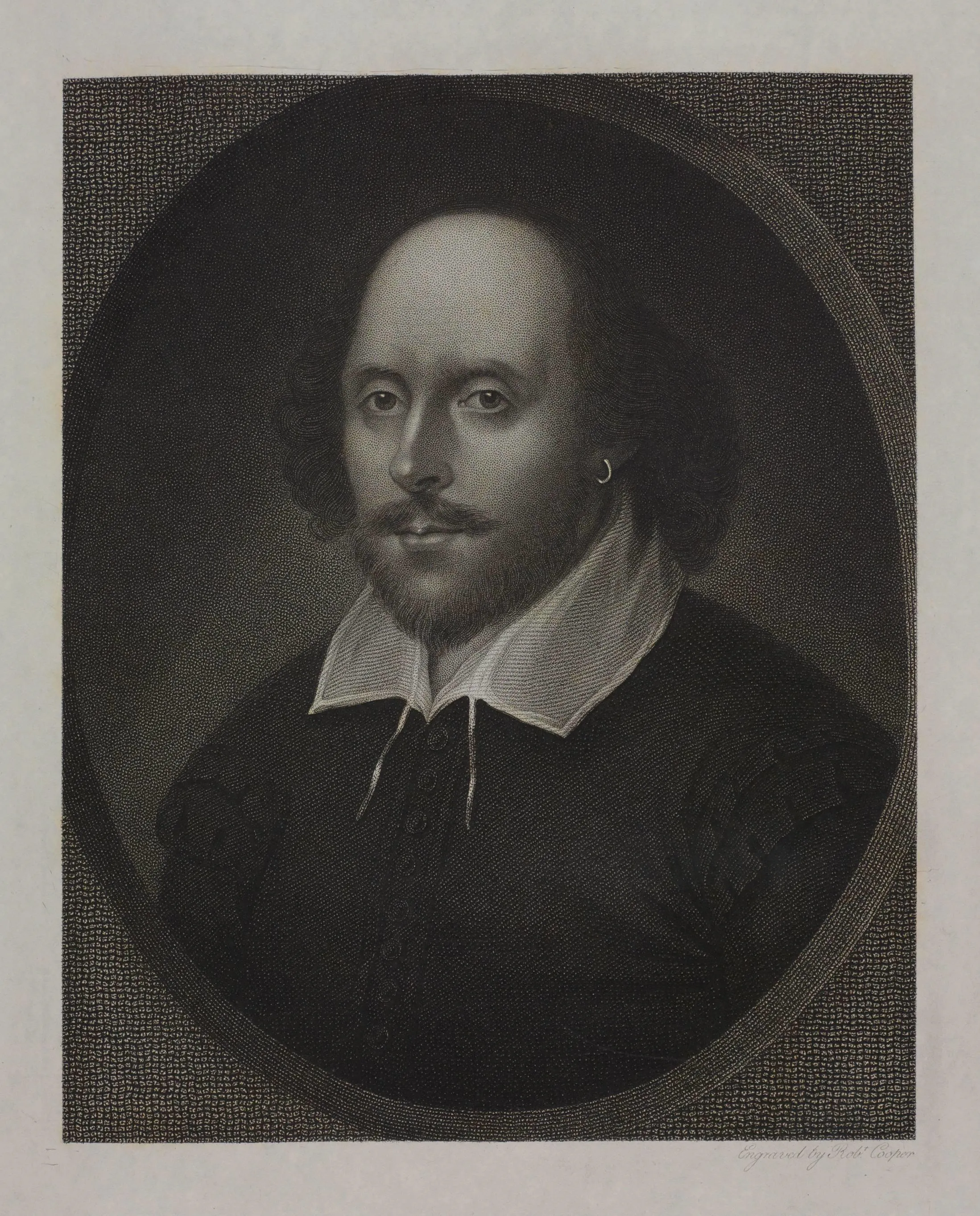 engraving of William Shakespeare, who has a bald forehead, hair at the side, beard and moustache and an earring.