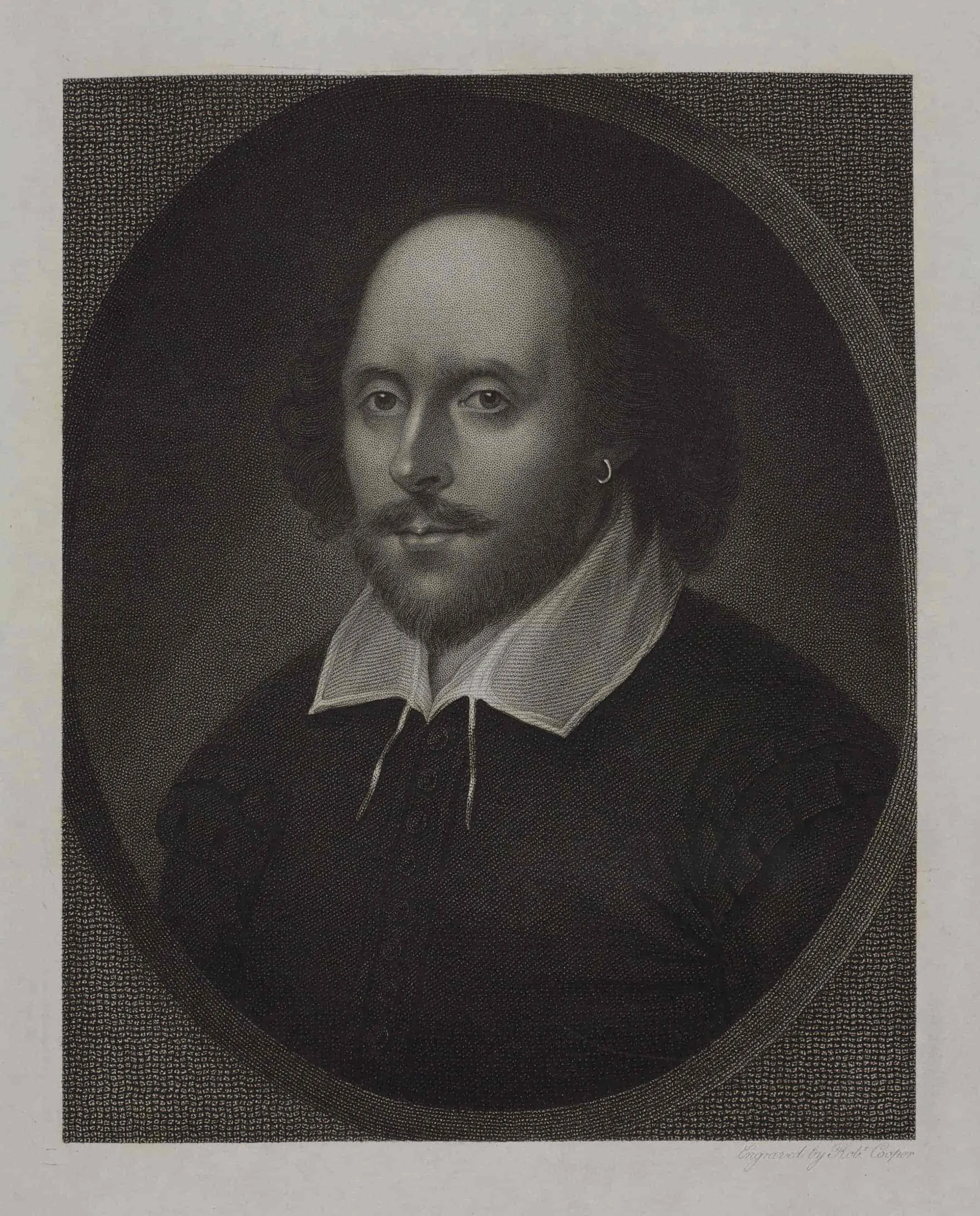 Engraving of a man with a bald forehead, hair at the side, beard and moustache and an earring