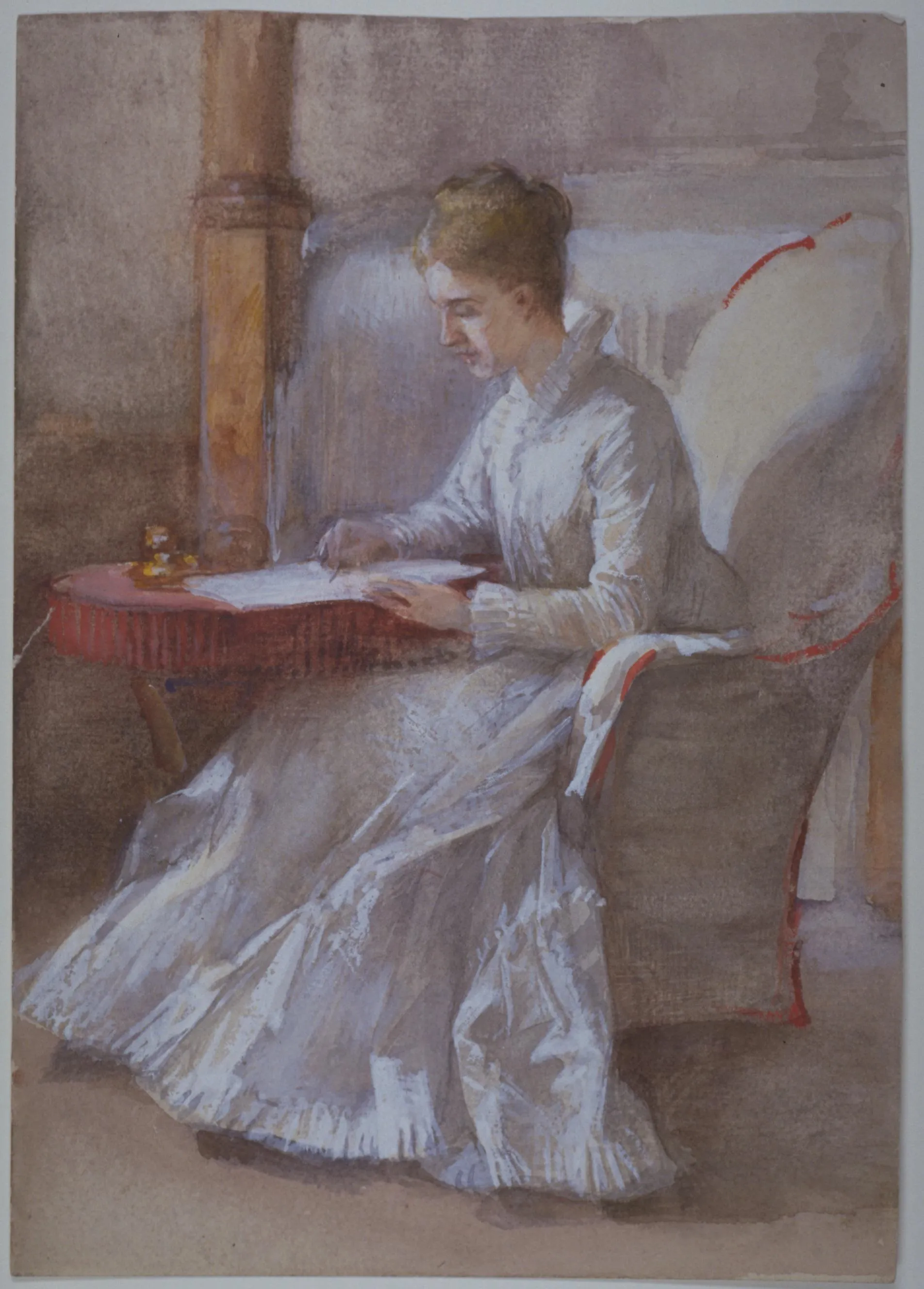 painting of a woman in white sitting in a white chair writing at a desk