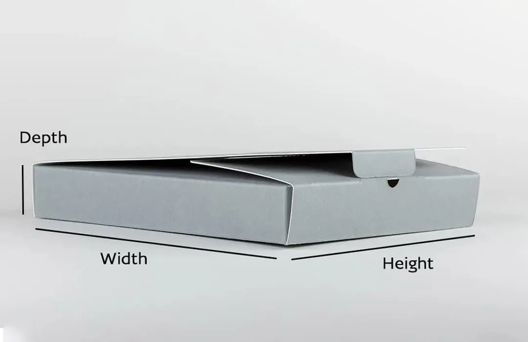 A wraplock box laid flat showing the closure system, showing, width and depth