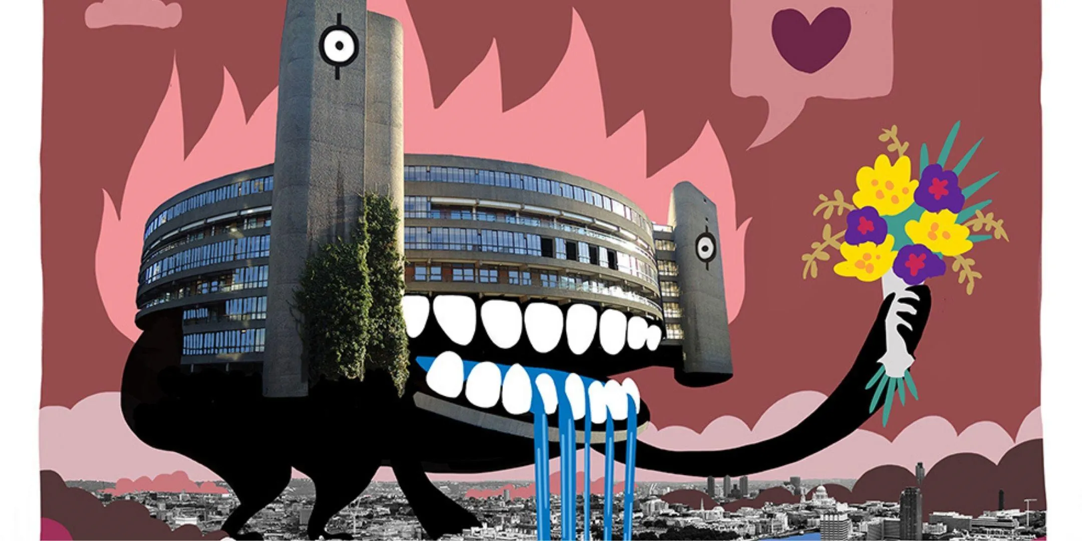 Montage of London buildings transformed into monsters